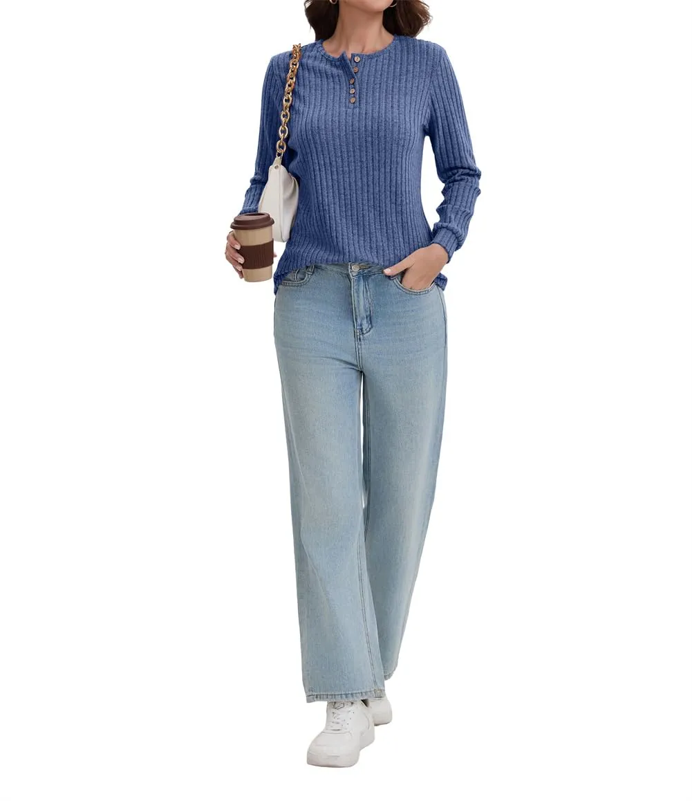 AirMood Camicette Eleganti Casual a Maniche Lunghe per Donne con Costine Top a Tunic Vestibilità Larga Magliette Sweatshirts Camicie, Blu, XXL - immagine 5