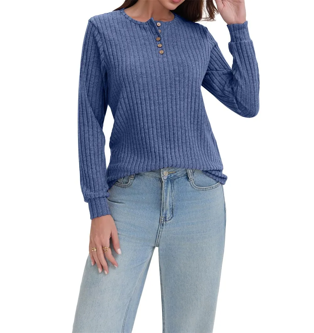AirMood Maglietta da donna a maniche lunghe, casual, a costine, vestibilità ampia, Blu, L - immagine 2