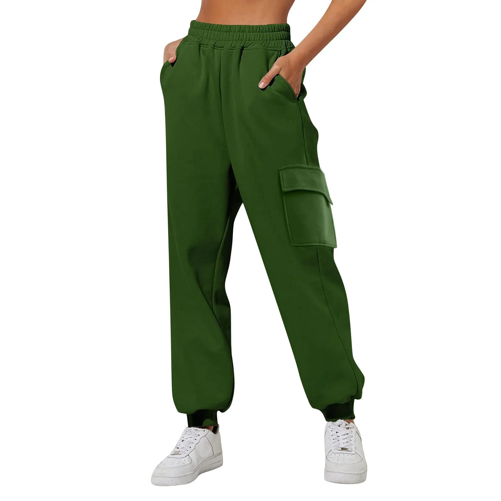 Pantaloni Cargo Donna Vita Elastica, Pantaloni Sportivi con Multi-Tasche Grande Vita Felpe Casual Confortevole Base Classica Solida Tuta Jogging Escursionismo Pants, verde, S - immagine 1