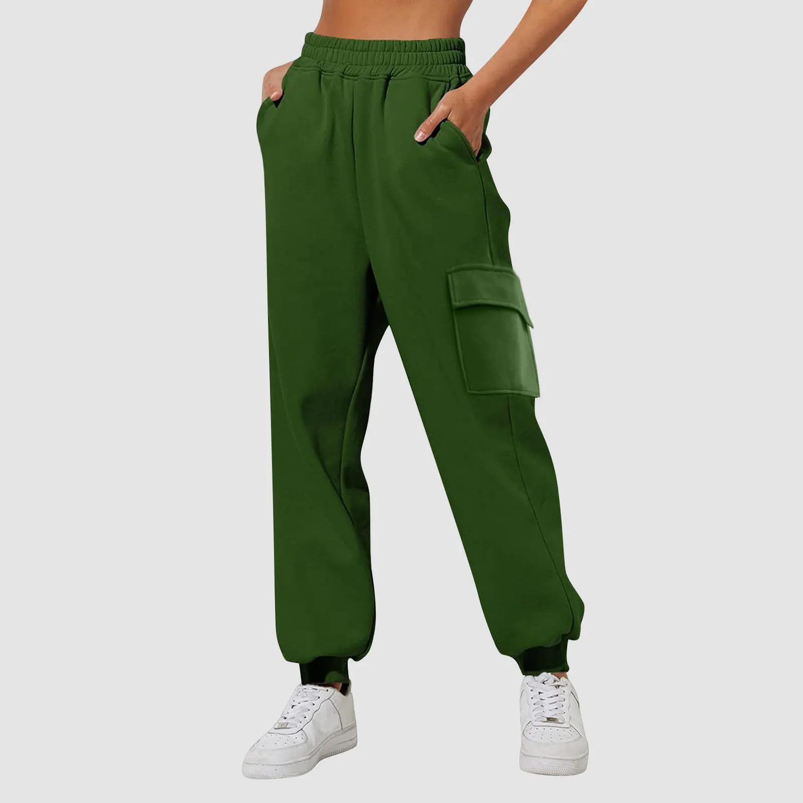 Pantaloni Cargo Donna Vita Elastica, Pantaloni Sportivi con Multi-Tasche Grande Vita Felpe Casual Confortevole Base Classica Solida Tuta Jogging Escursionismo Pants, verde, S - immagine 2