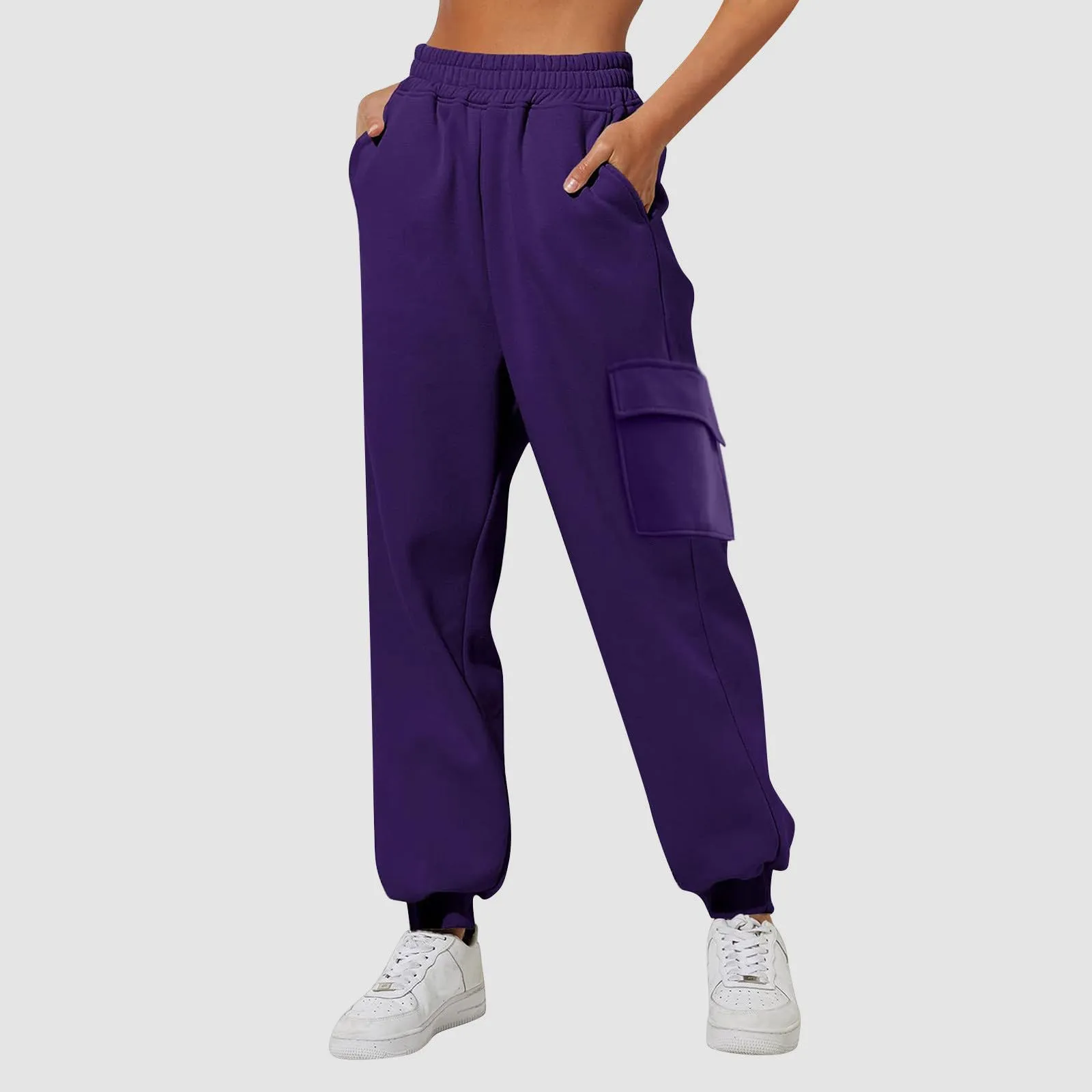 Pantaloni Cargo Donna Vita Elastica, Pantaloni Sportivi con Multi-Tasche Grande Vita Felpe Casual Confortevole Base Classica Solida Tuta Jogging Escursionismo Pants, viola., S - immagine 2