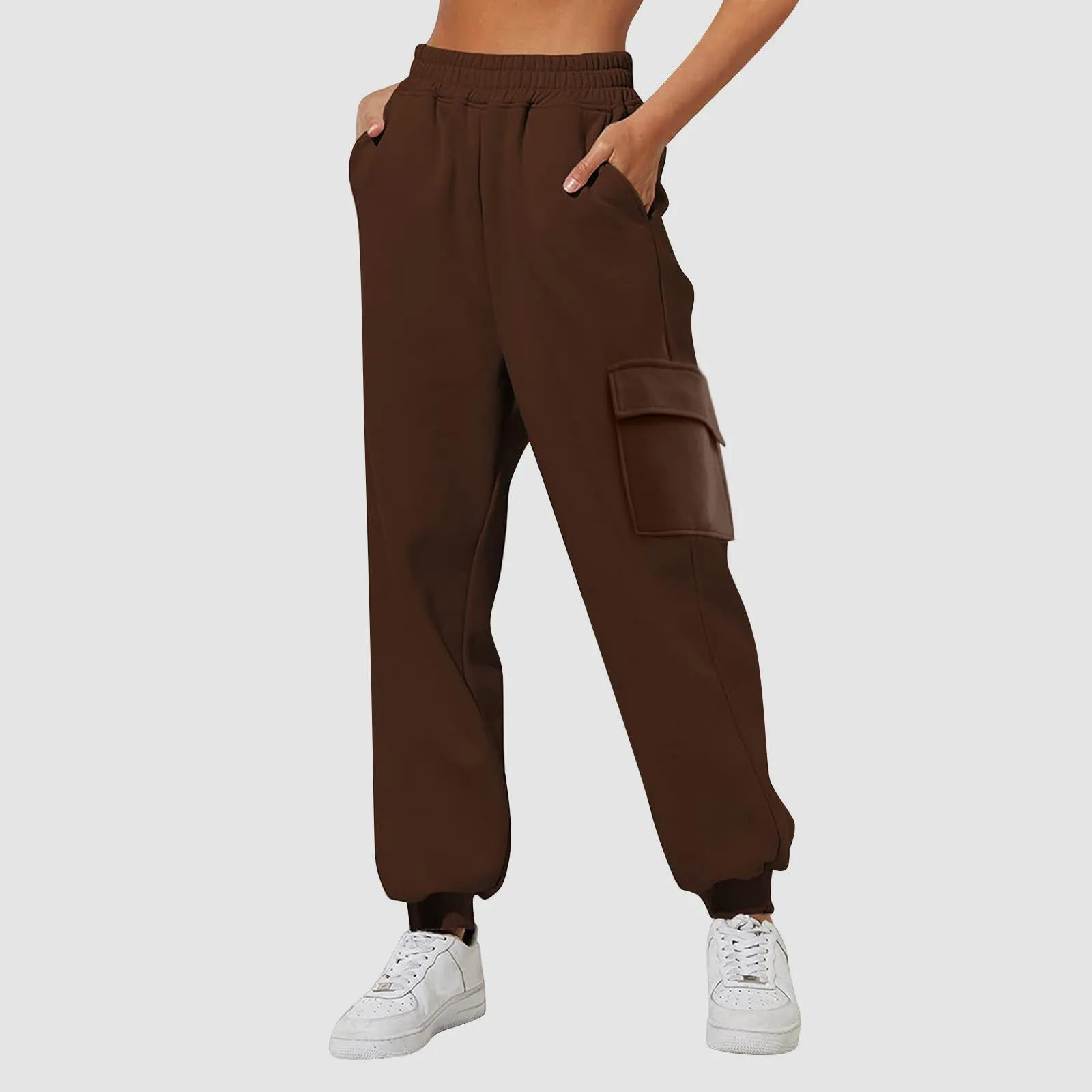 Pantaloni Cargo Donna Vita Elastica, Pantaloni Sportivi con Multi-Tasche Grande Vita Felpe Casual Confortevole Base Classica Solida Tuta Jogging Escursionismo Pants, marrone, XXXL - immagine 2