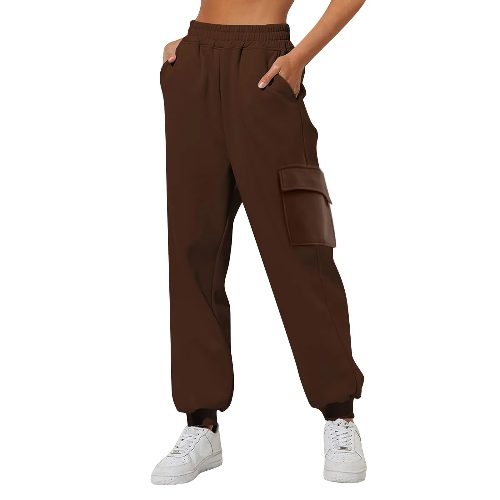 Pantaloni Cargo Donna Vita Elastica, Pantaloni Sportivi con Multi-Tasche Grande Vita Felpe Casual Confortevole Base Classica Solida Tuta Jogging Escursionismo Pants, marrone, S - immagine 1