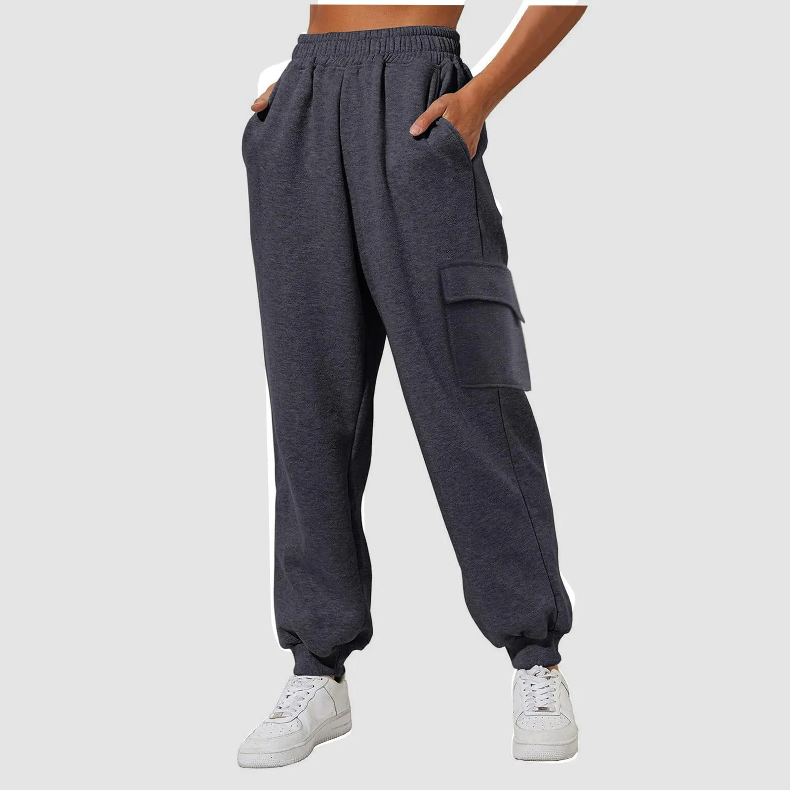 Pantaloni Cargo Donna Vita Elastica, Pantaloni Sportivi con Multi-Tasche Grande Vita Felpe Casual Confortevole Base Classica Solida Tuta Jogging Escursionismo Pants, grigio, S - immagine 2