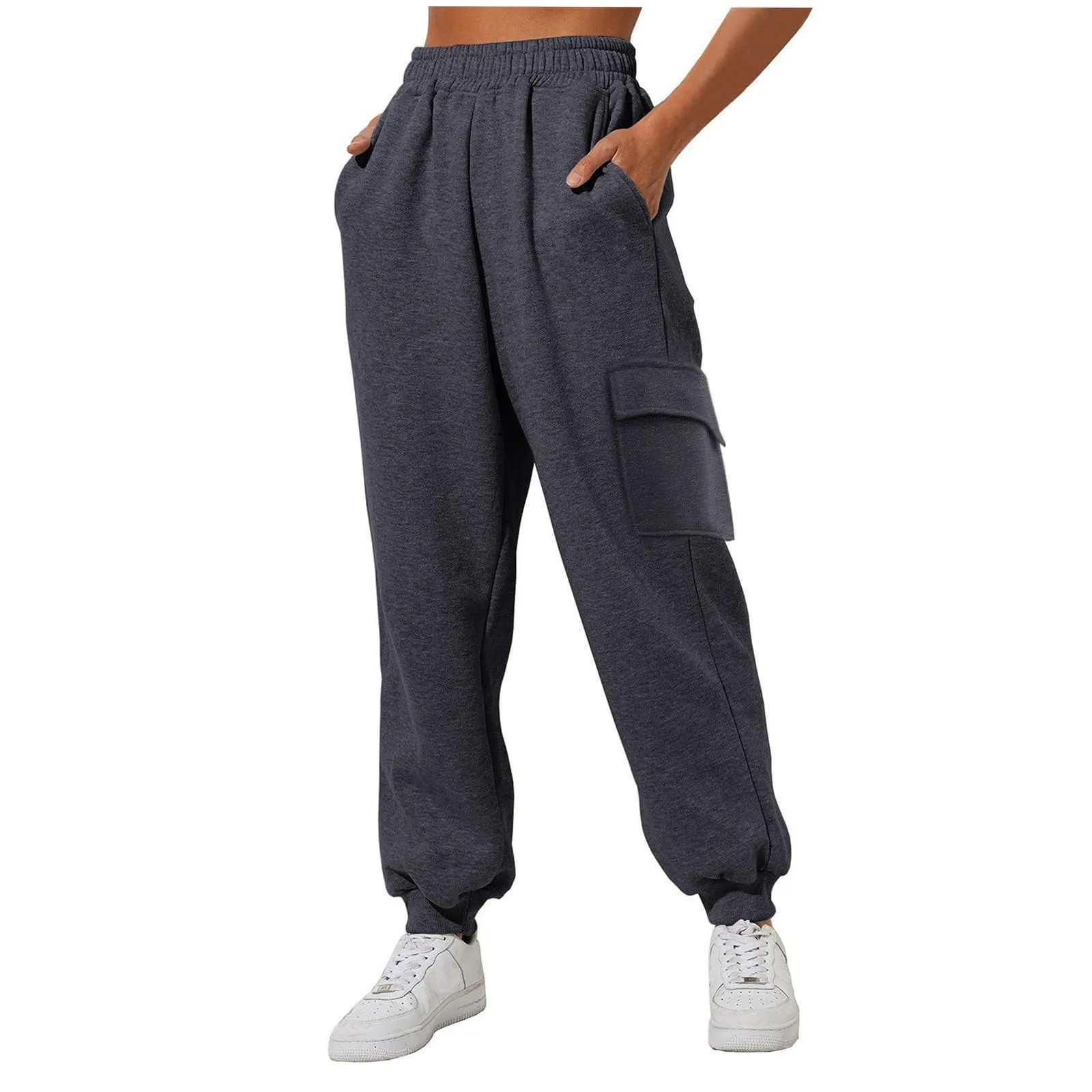 Pantaloni Cargo Donna Vita Elastica, Pantaloni Sportivi con Multi-Tasche Grande Vita Felpe Casual Confortevole Base Classica Solida Tuta Jogging Escursionismo Pants, grigio, XL - immagine 1