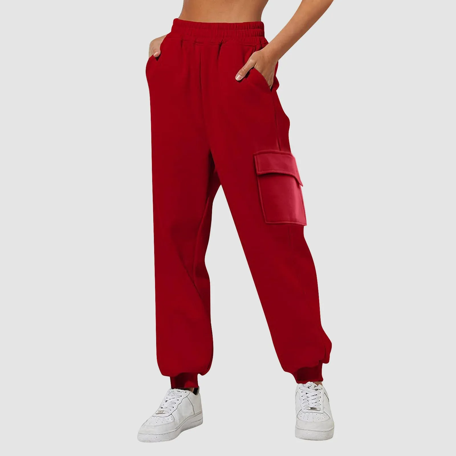 Pantaloni Cargo Donna Vita Elastica, Pantaloni Sportivi con Multi-Tasche Grande Vita Felpe Casual Confortevole Base Classica Solida Tuta Jogging Escursionismo Pants, rosso, XL - immagine 2