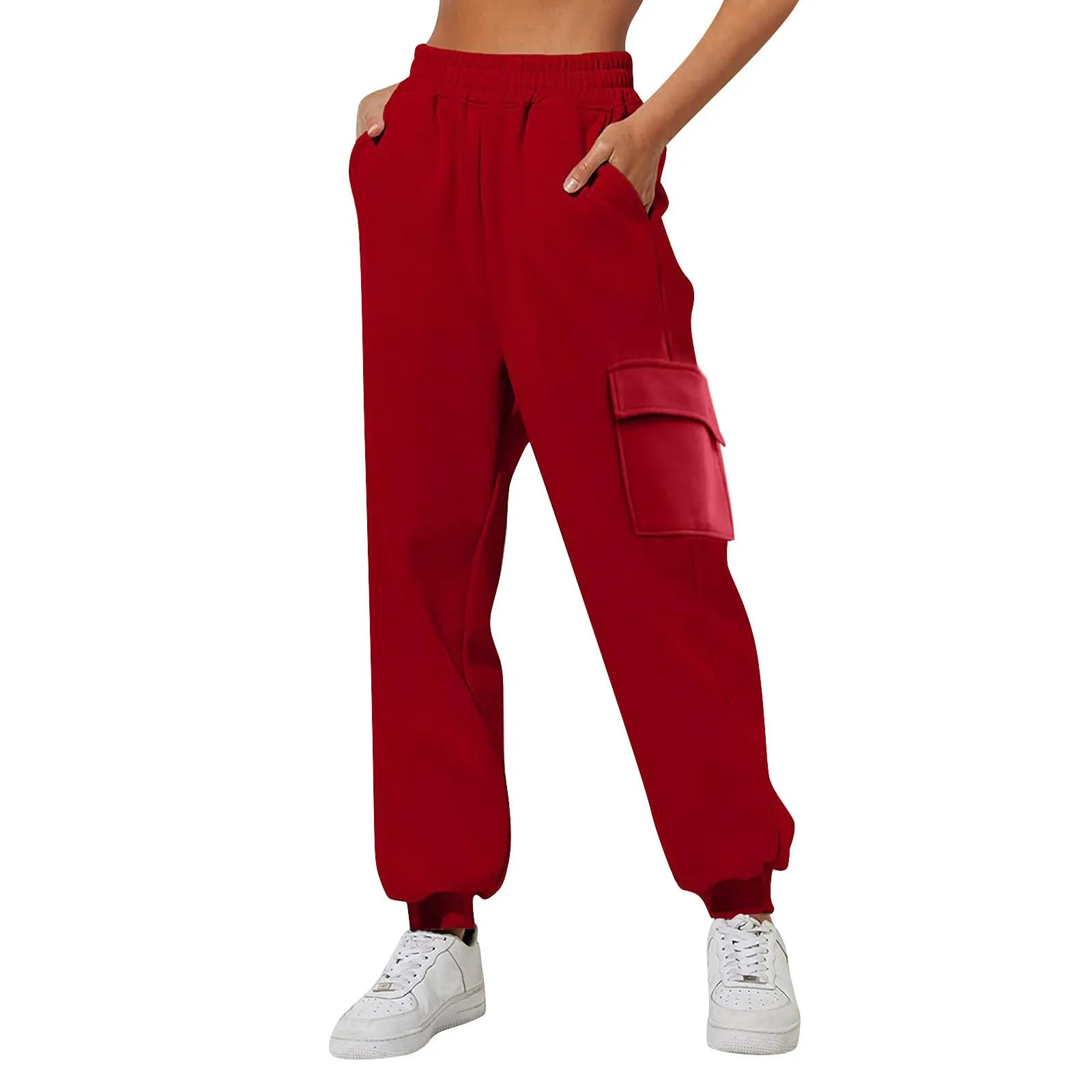 Pantaloni Cargo Donna Vita Elastica, Pantaloni Sportivi con Multi-Tasche Grande Vita Felpe Casual Confortevole Base Classica Solida Tuta Jogging Escursionismo Pants, rosso, S - immagine 1