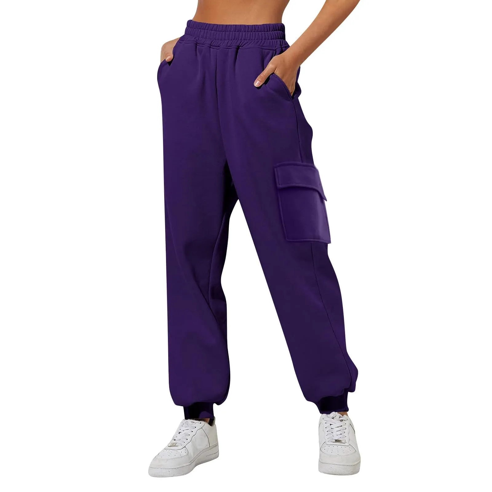 Pantaloni Cargo Donna Vita Elastica, Pantaloni Sportivi con Multi-Tasche Grande Vita Felpe Casual Confortevole Base Classica Solida Tuta Jogging Escursionismo Pants, viola., L - immagine 1