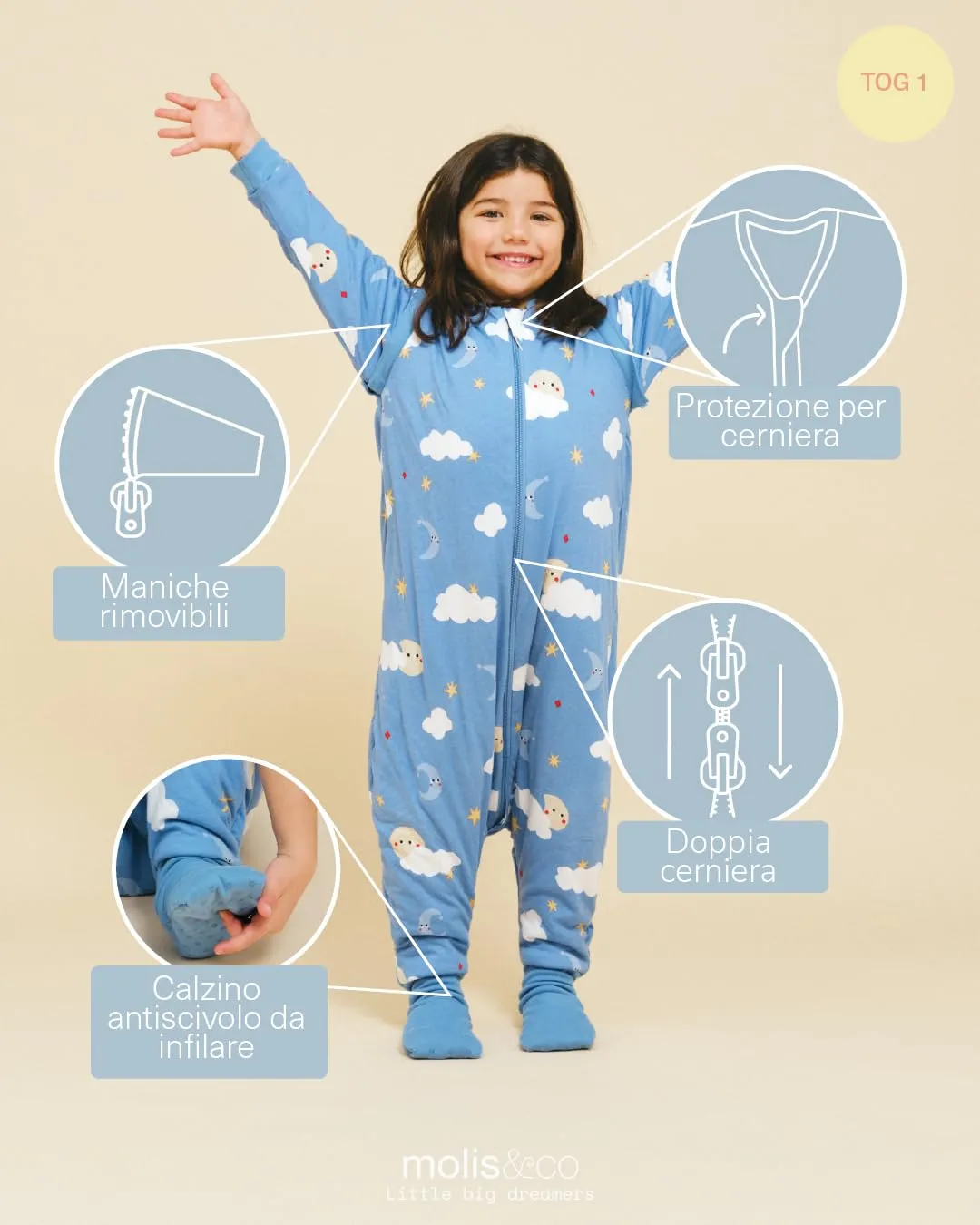 molis&co - Sacco Nanna con piedini, maniche staccabili e calzini - Sacco Nanna Primaverile/Autunno - Sacchi Nanna con piedini - 100% Cotone Oeko-Tex - Leggermente Imbotito - Good Night (1 anno) - immagine 3