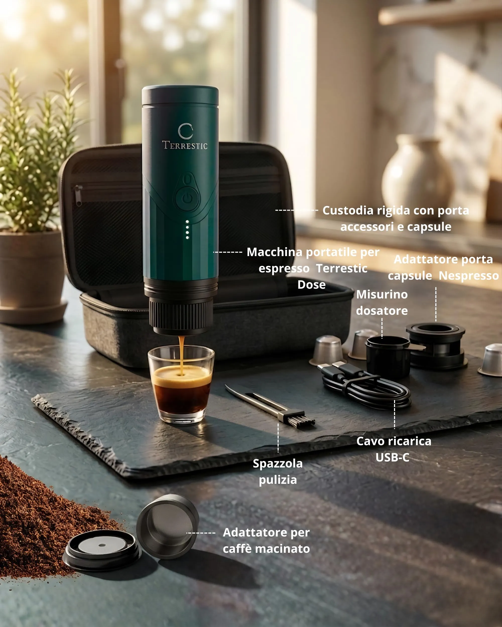 Terrestic Macchina Caffe Portatile 80 Ml, Caffettiera Portatile, Macchinetta Caffè da Viaggio Ricaricabile USB, Compatibile con Polvere e Capsule Nespresso con Custodia Rigida - immagine 2