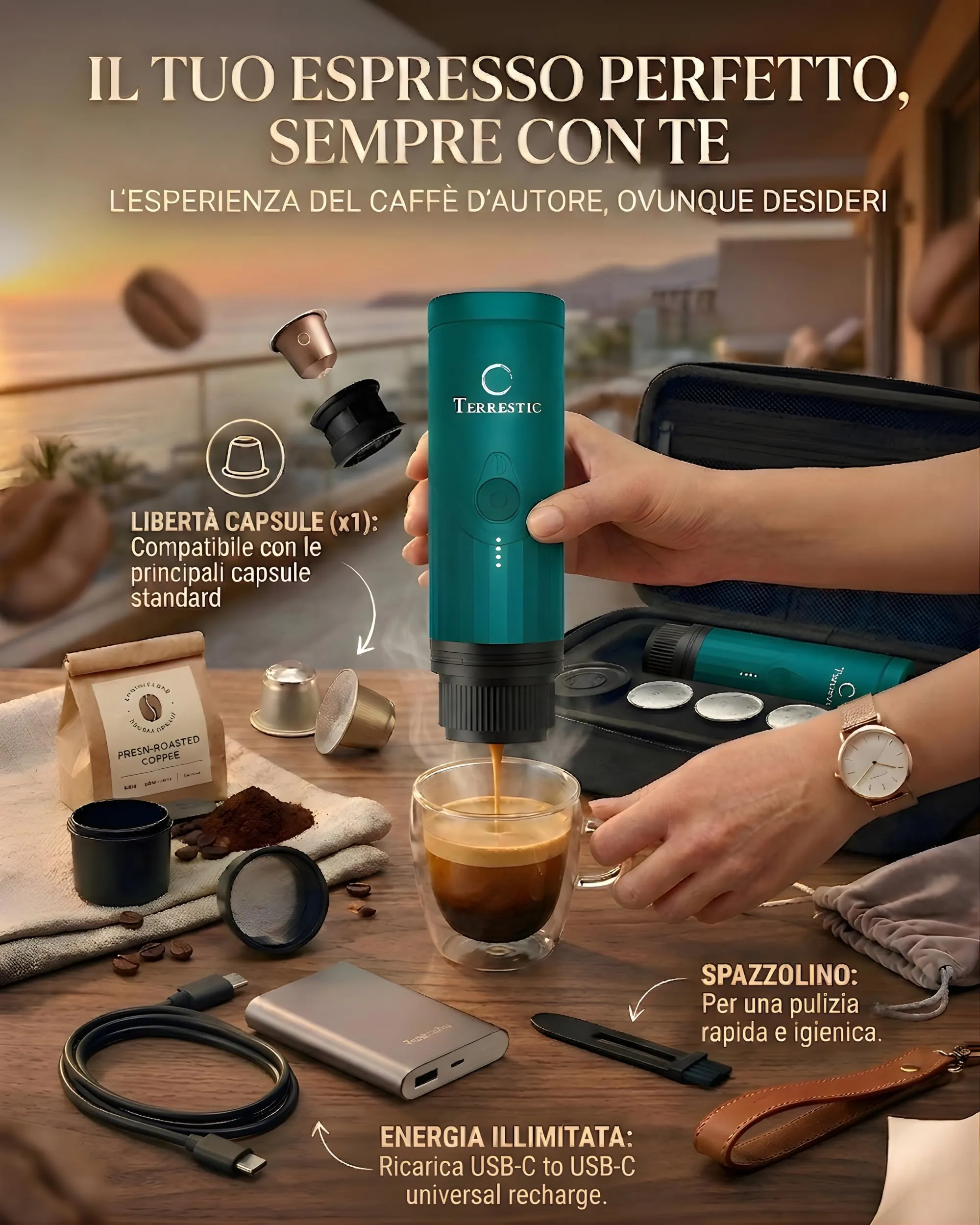 Terrestic Macchina Caffe Portatile 80 Ml, Caffettiera Portatile, Macchinetta Caffè da Viaggio Ricaricabile USB, Compatibile con Polvere e Capsule Nespresso con Custodia Rigida - immagine 3