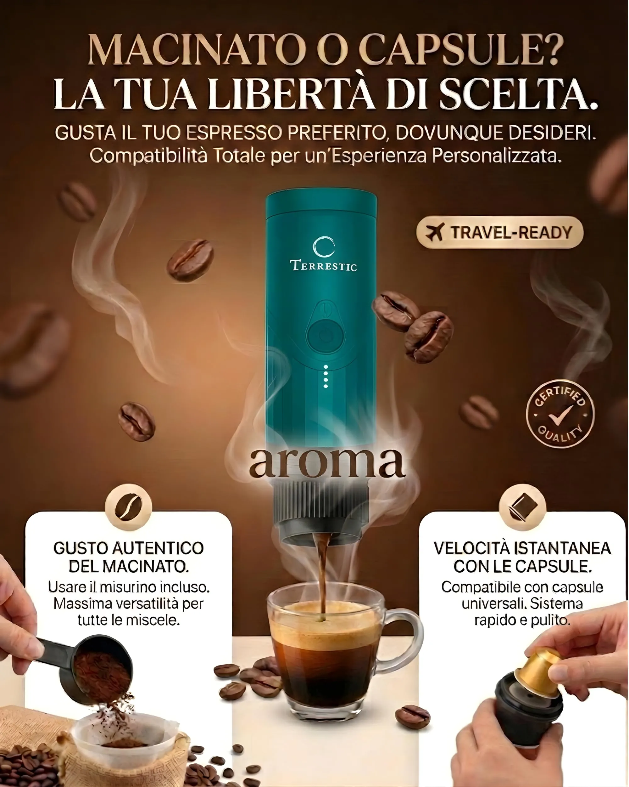 Terrestic Macchina Caffe Portatile 80 Ml, Caffettiera Portatile, Macchinetta Caffè da Viaggio Ricaricabile USB, Compatibile con Polvere e Capsule Nespresso con Custodia Rigida - immagine 4