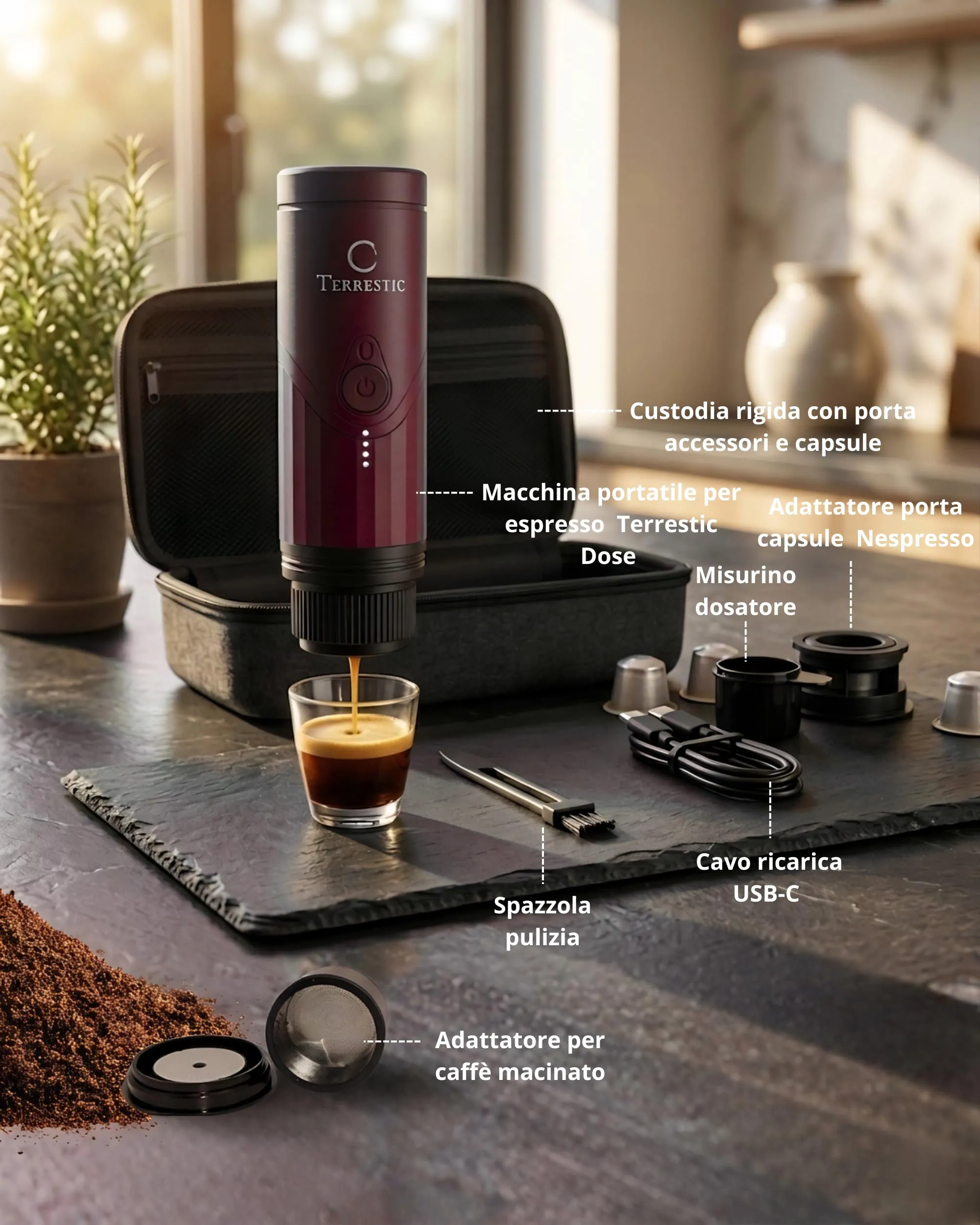 Terrestic Macchina Caffe Portatile 80 Ml, Caffettiera Portatile, Macchinetta Caffè da Viaggio Ricaricabile USB, Compatibile con Polvere e Capsule Nespresso con Custodia Rigida - immagine 2