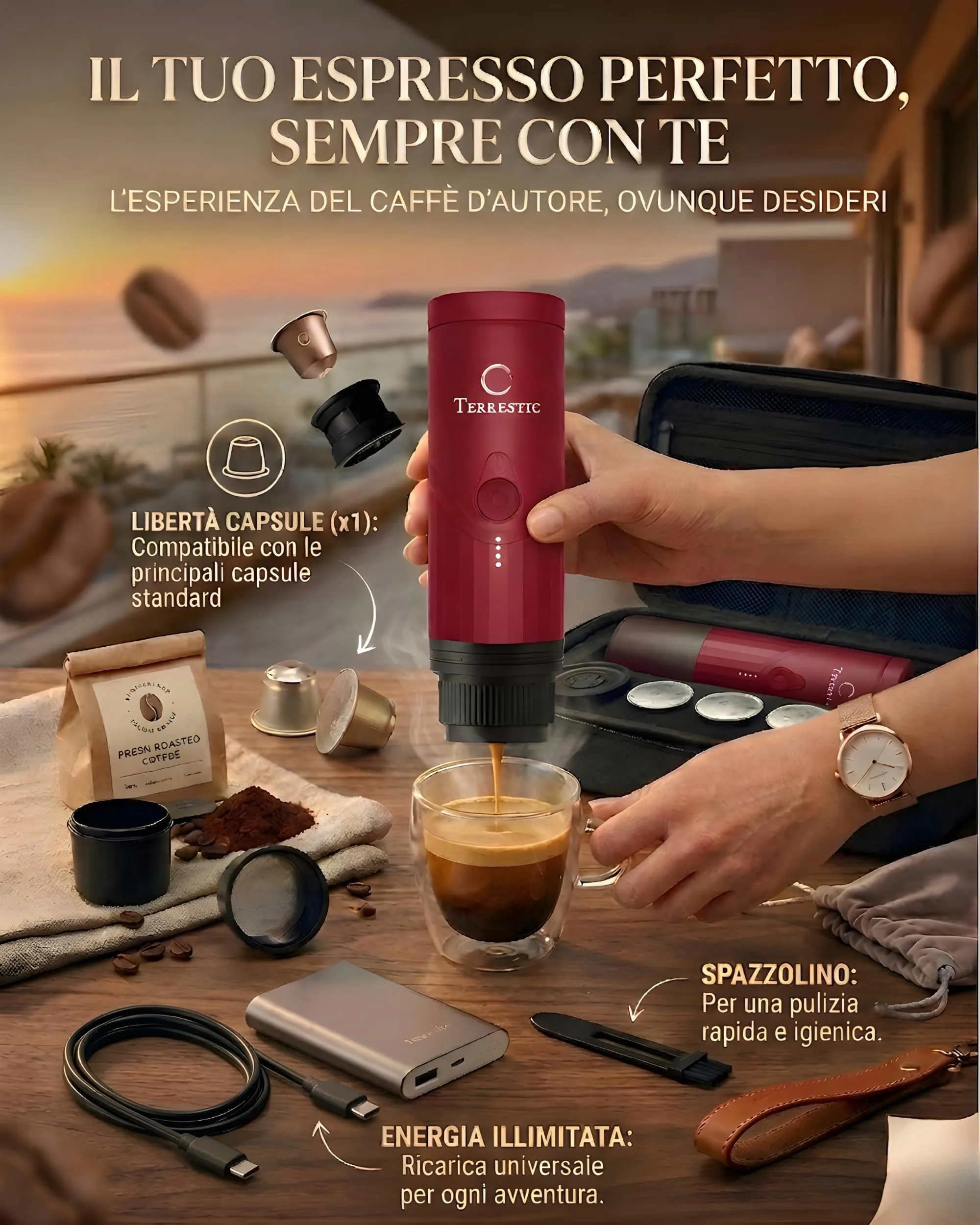 Terrestic Macchina Caffe Portatile 80 Ml, Caffettiera Portatile, Macchinetta Caffè da Viaggio Ricaricabile USB, Compatibile con Polvere e Capsule Nespresso con Custodia Rigida - immagine 3