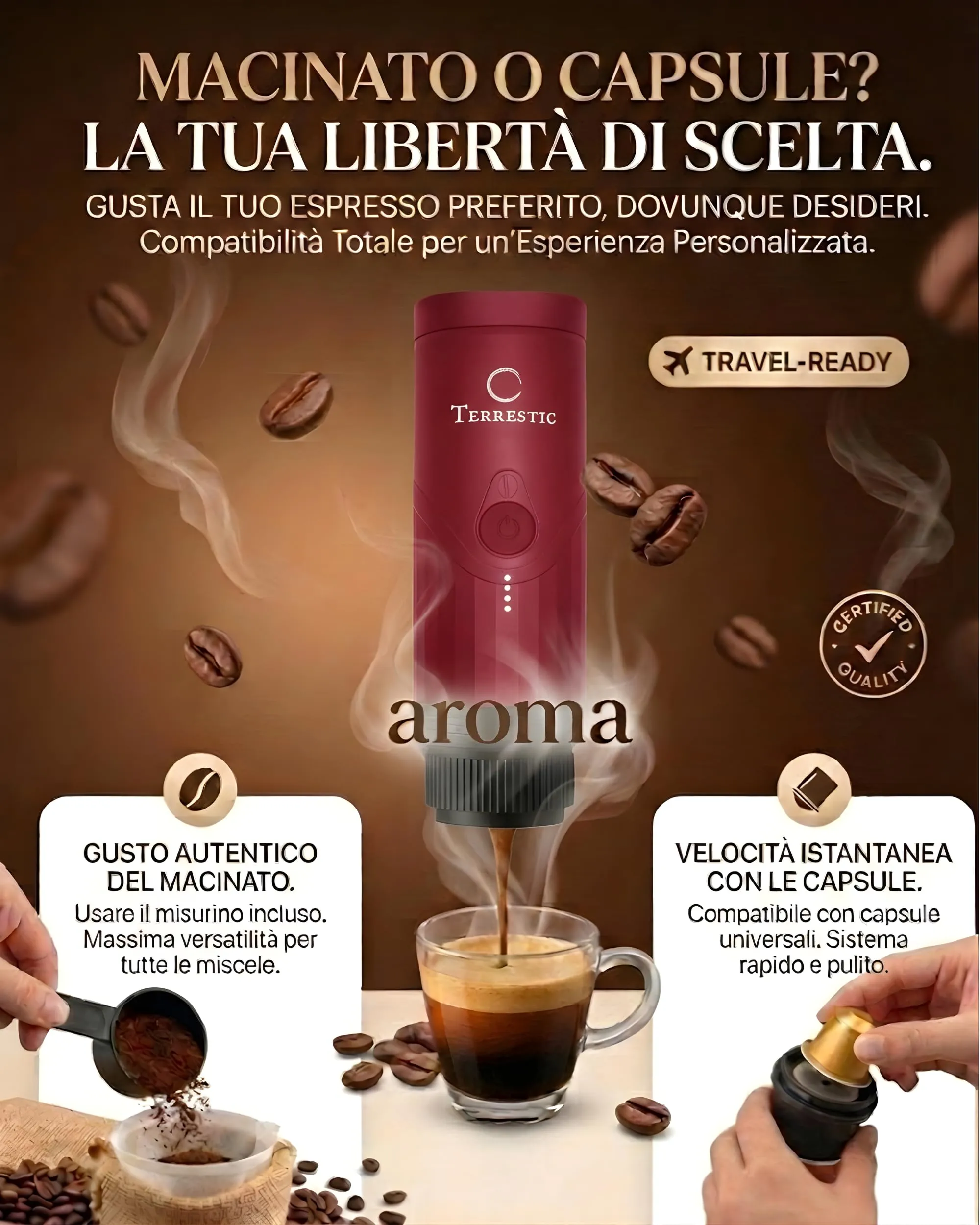 Terrestic Macchina Caffe Portatile 80 Ml, Caffettiera Portatile, Macchinetta Caffè da Viaggio Ricaricabile USB, Compatibile con Polvere e Capsule Nespresso con Custodia Rigida - immagine 4