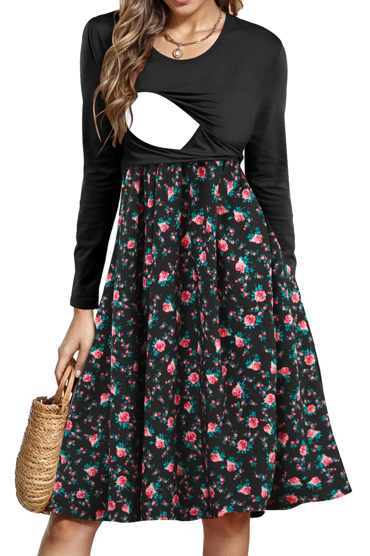 Abito estivo da donna per allattamento e gravidanza, a maniche corte, stile patchwork, con tasche, XL - immagine 1