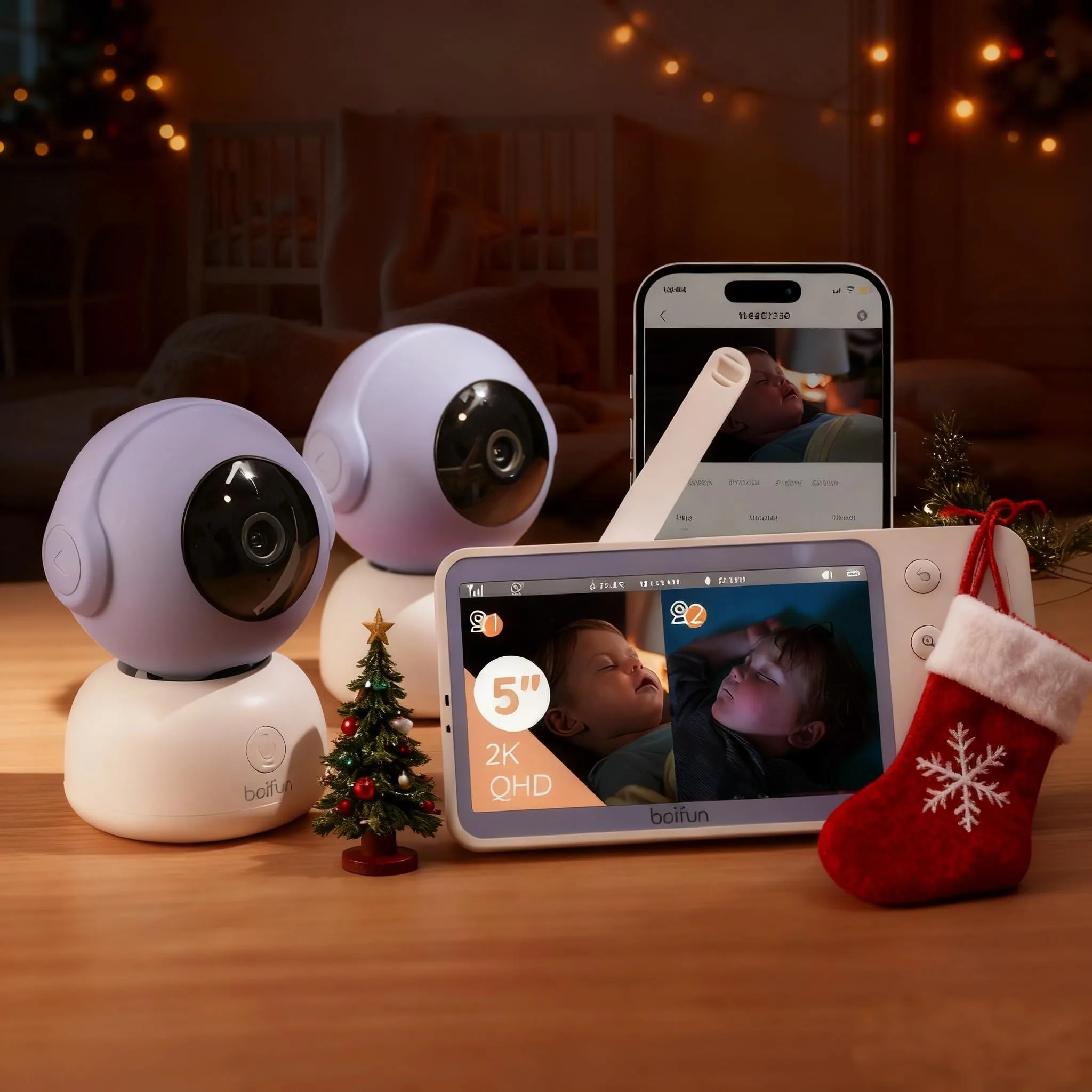 Boifun Baby Monitor Video e Audio 2K con 2 Telecamere, Schermo 5'' IPS, Controllo da APP Mobile & Display, Visione Notturna, Audio Bidirezionale, Rilevamento Intelligente, Connessione Stabile - immagine 2