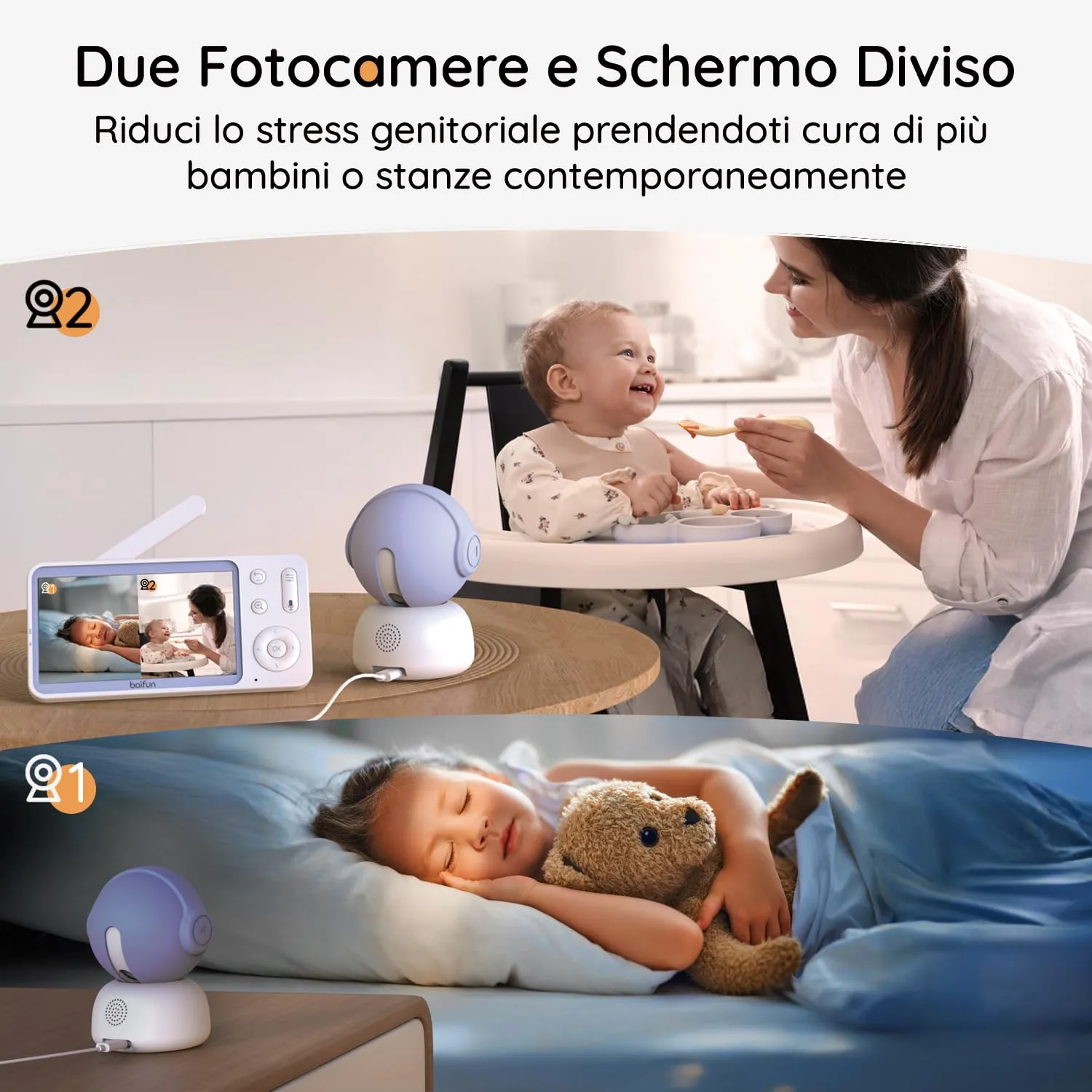 Boifun Baby Monitor Video e Audio 2K con 2 Telecamere, Schermo 5'' IPS, Controllo da APP Mobile & Display, Visione Notturna, Audio Bidirezionale, Rilevamento Intelligente, Connessione Stabile - immagine 9