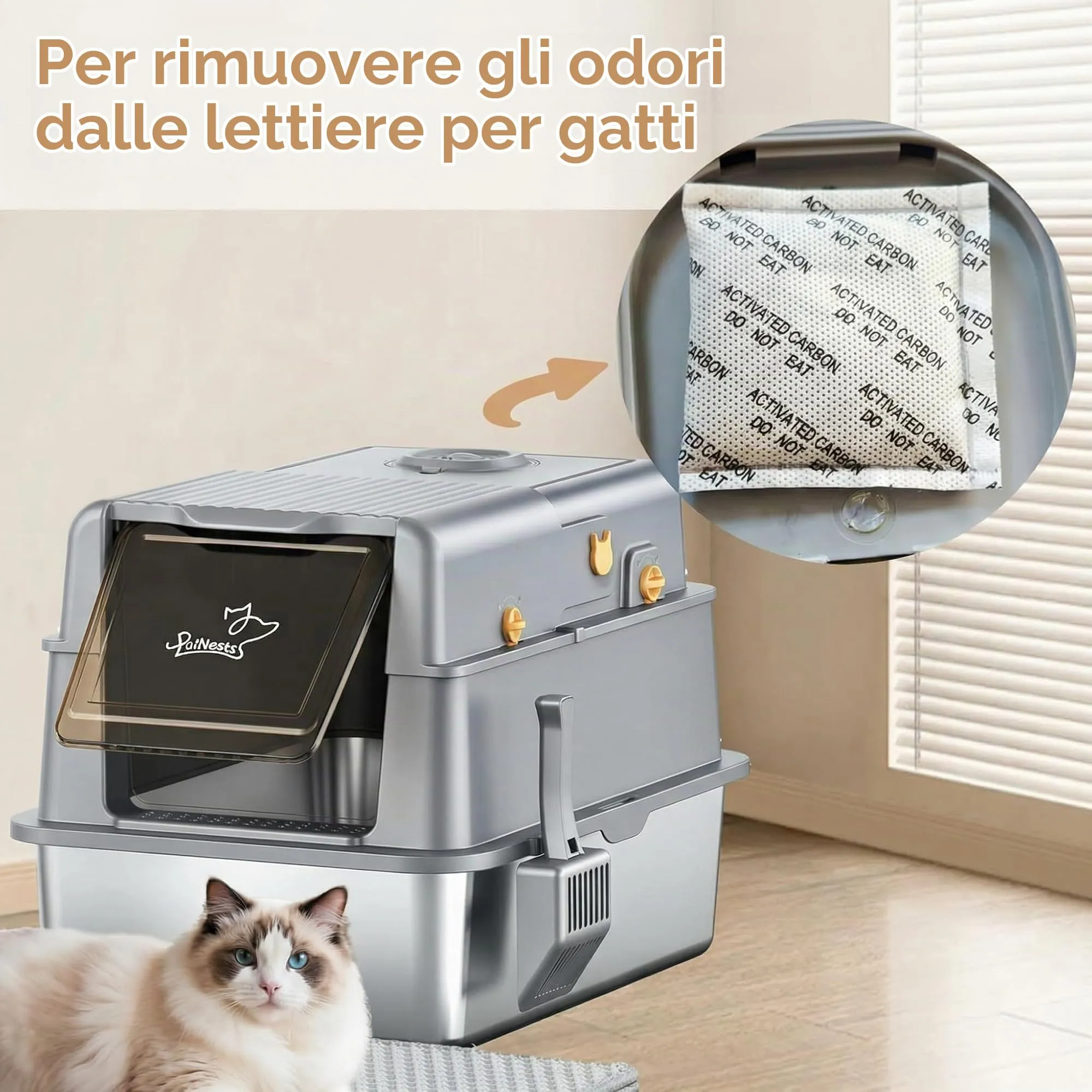 PalNests Eliminatore di Odori Universale Si Applica a Lettiera Gatti in Acciaio Inox con Coperchio, Ricariche di Filtri a Carbone Attivo Naturale, Controllo Degli Odori Toilette per Gatti, 12 Pezzi - immagine 3