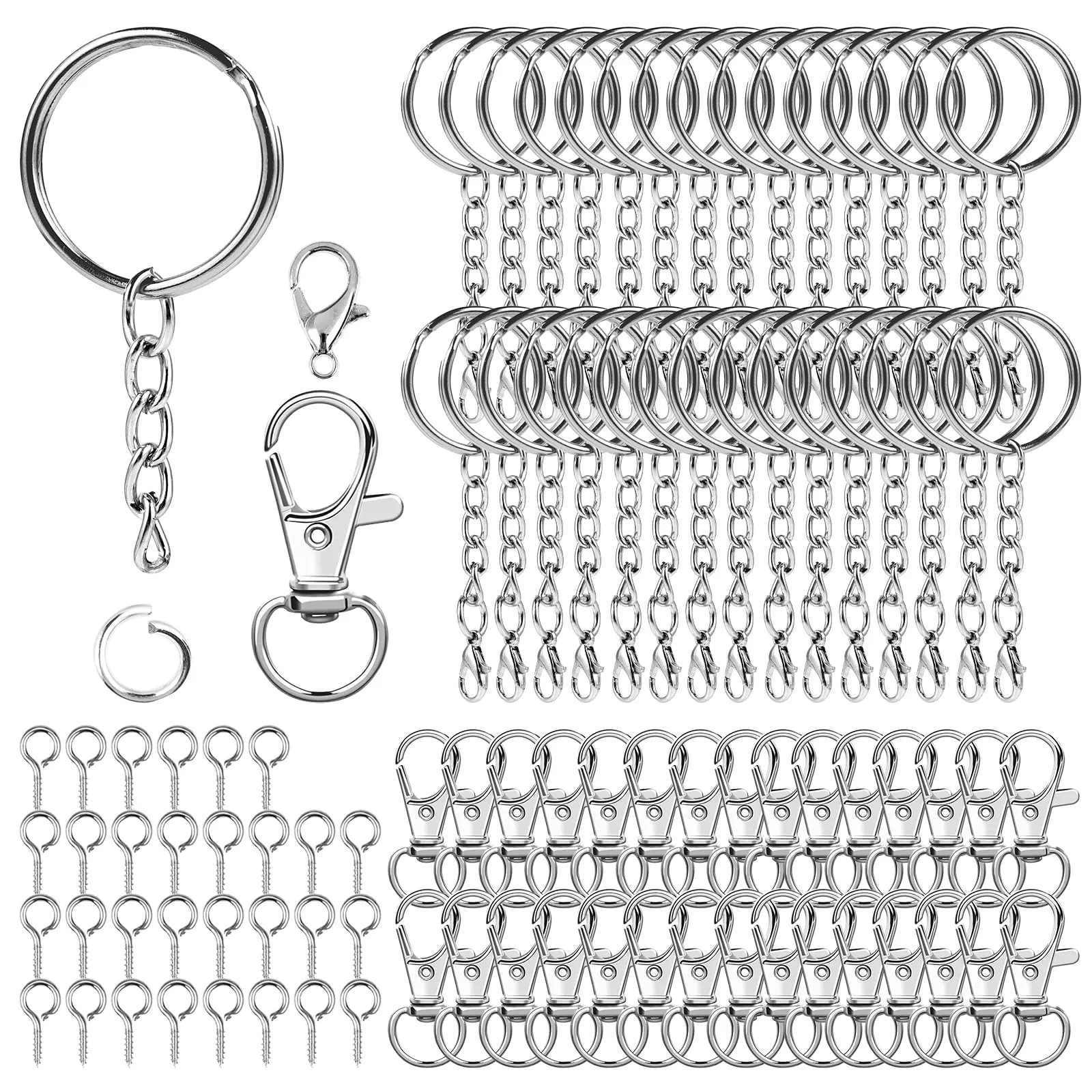 150 Pezzi anelli portachiavi con catenella – Set anelli per portachiavi fai da te, ganci portachiavi e moschettoni piccoli, Accessori per fare portachiavi e gioielli artigianali (Argento) - immagine 1