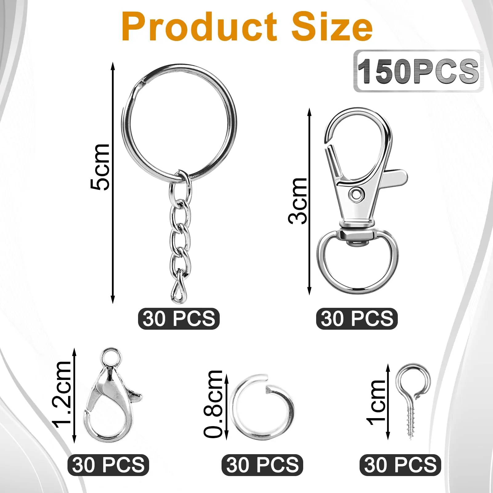 150 Pezzi anelli portachiavi con catenella – Set anelli per portachiavi fai da te, ganci portachiavi e moschettoni piccoli, Accessori per fare portachiavi e gioielli artigianali (Argento) - immagine 2