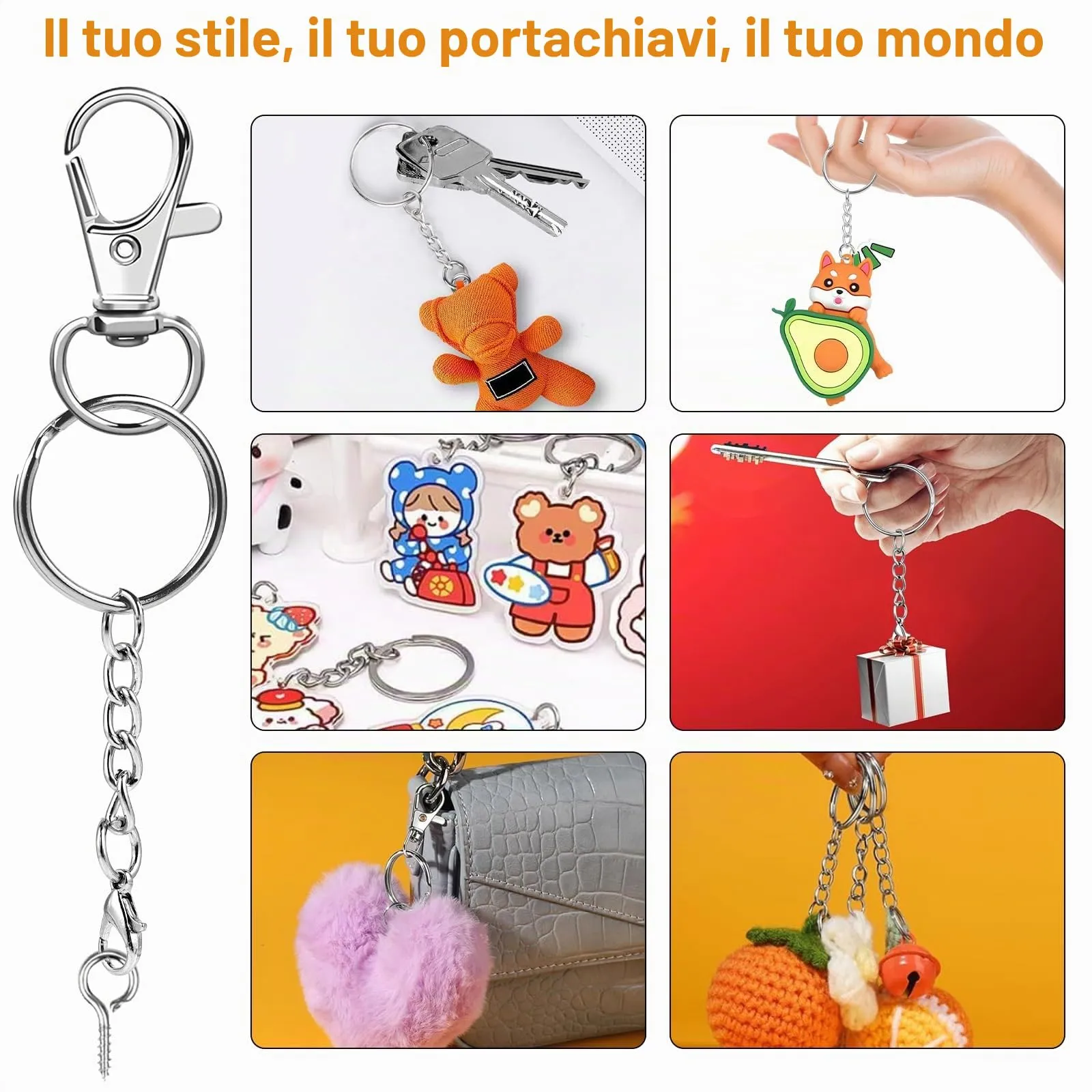 150 Pezzi anelli portachiavi con catenella – Set anelli per portachiavi fai da te, ganci portachiavi e moschettoni piccoli, Accessori per fare portachiavi e gioielli artigianali (Argento) - immagine 7