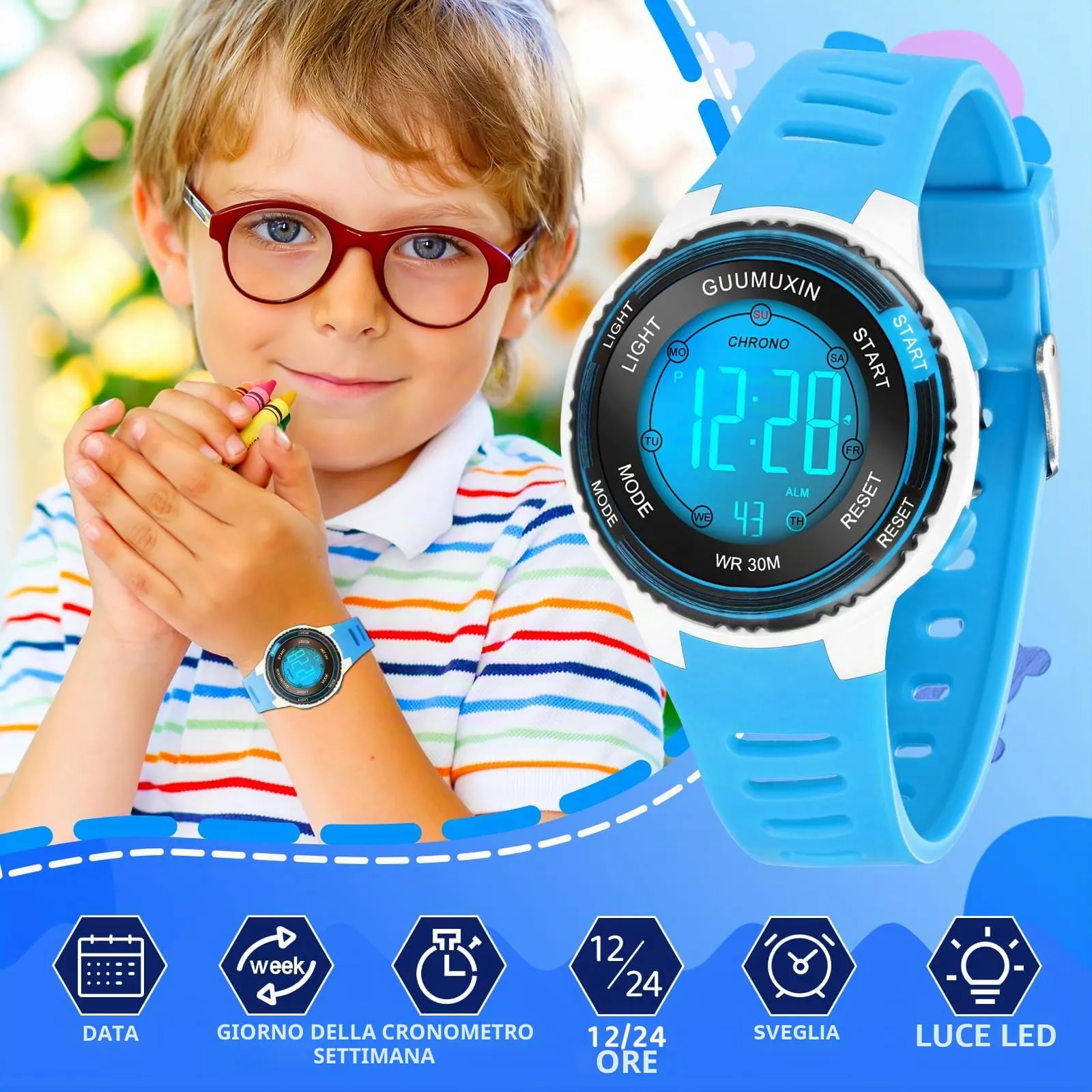 GUUMUXIN Orologio Digitale,7 Luci,3ATM,Sportivo,5-16 Anni - immagine 2