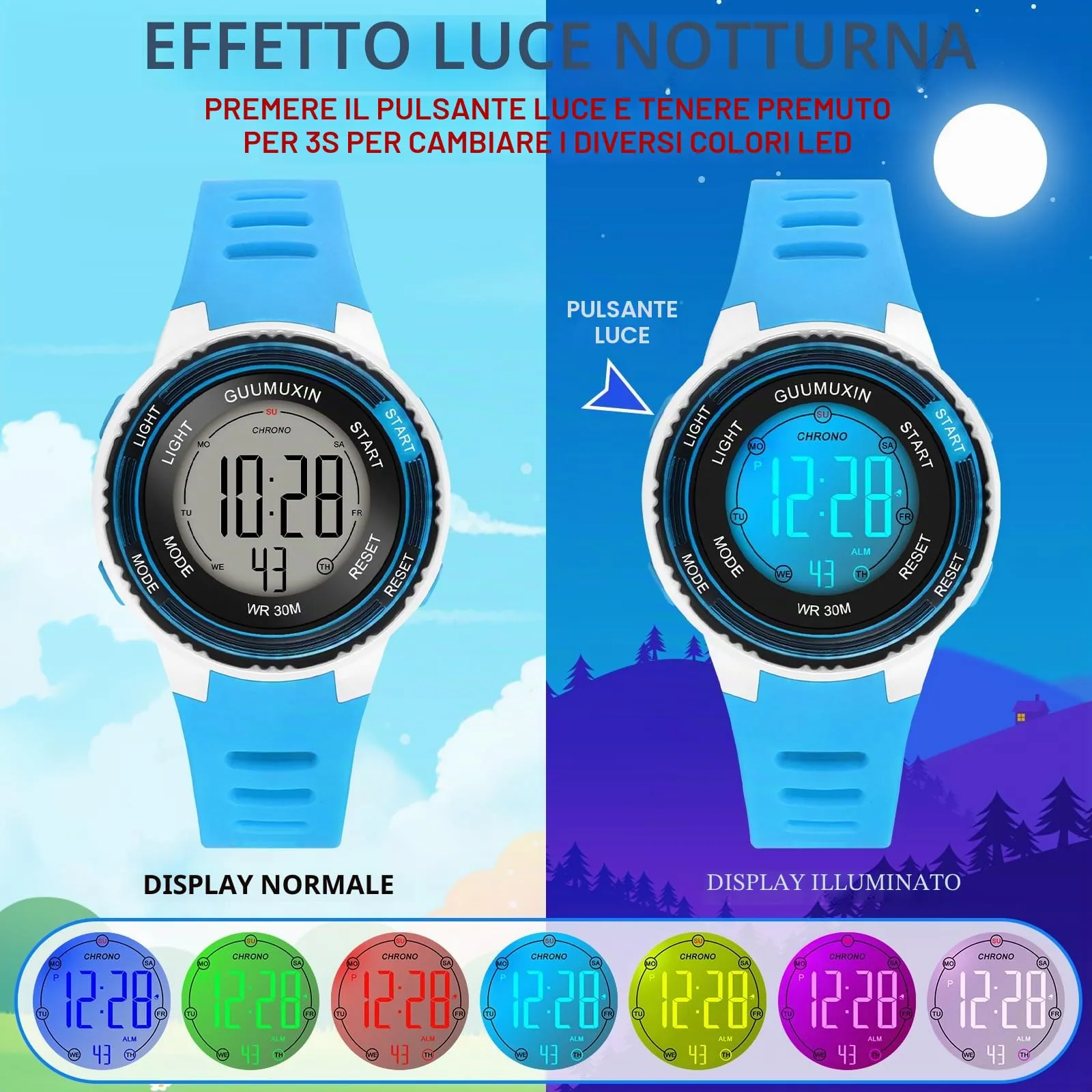 GUUMUXIN Orologio Digitale,7 Luci,3ATM,Sportivo,5-16 Anni - immagine 3