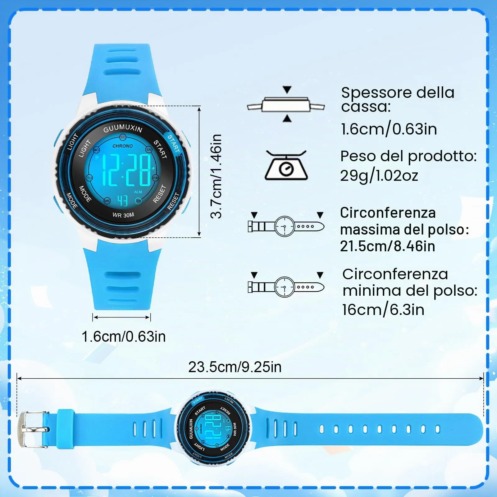 GUUMUXIN Orologio Digitale,7 Luci,3ATM,Sportivo,5-16 Anni - immagine 4