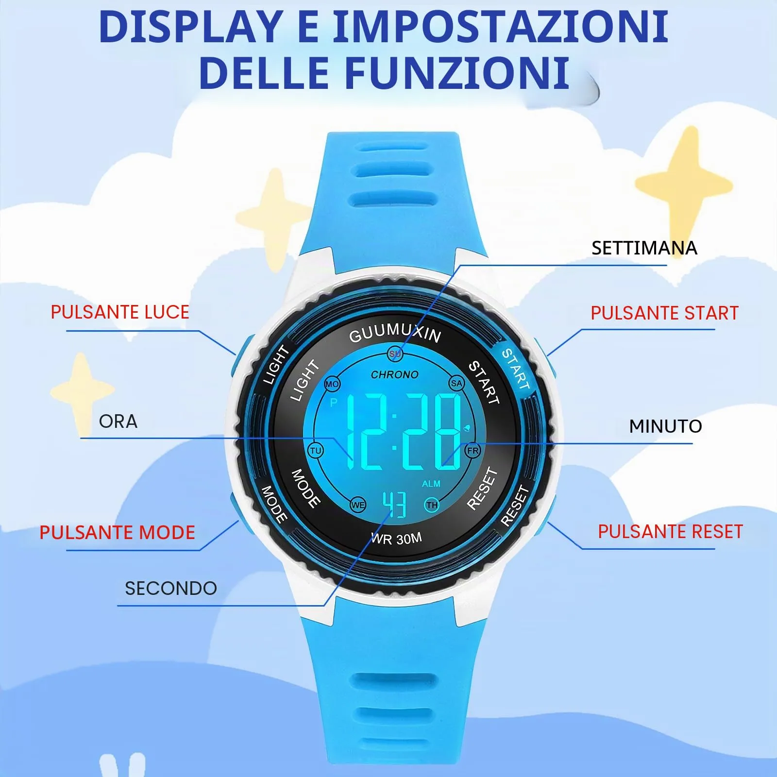 GUUMUXIN Orologio Digitale,7 Luci,3ATM,Sportivo,5-16 Anni - immagine 5
