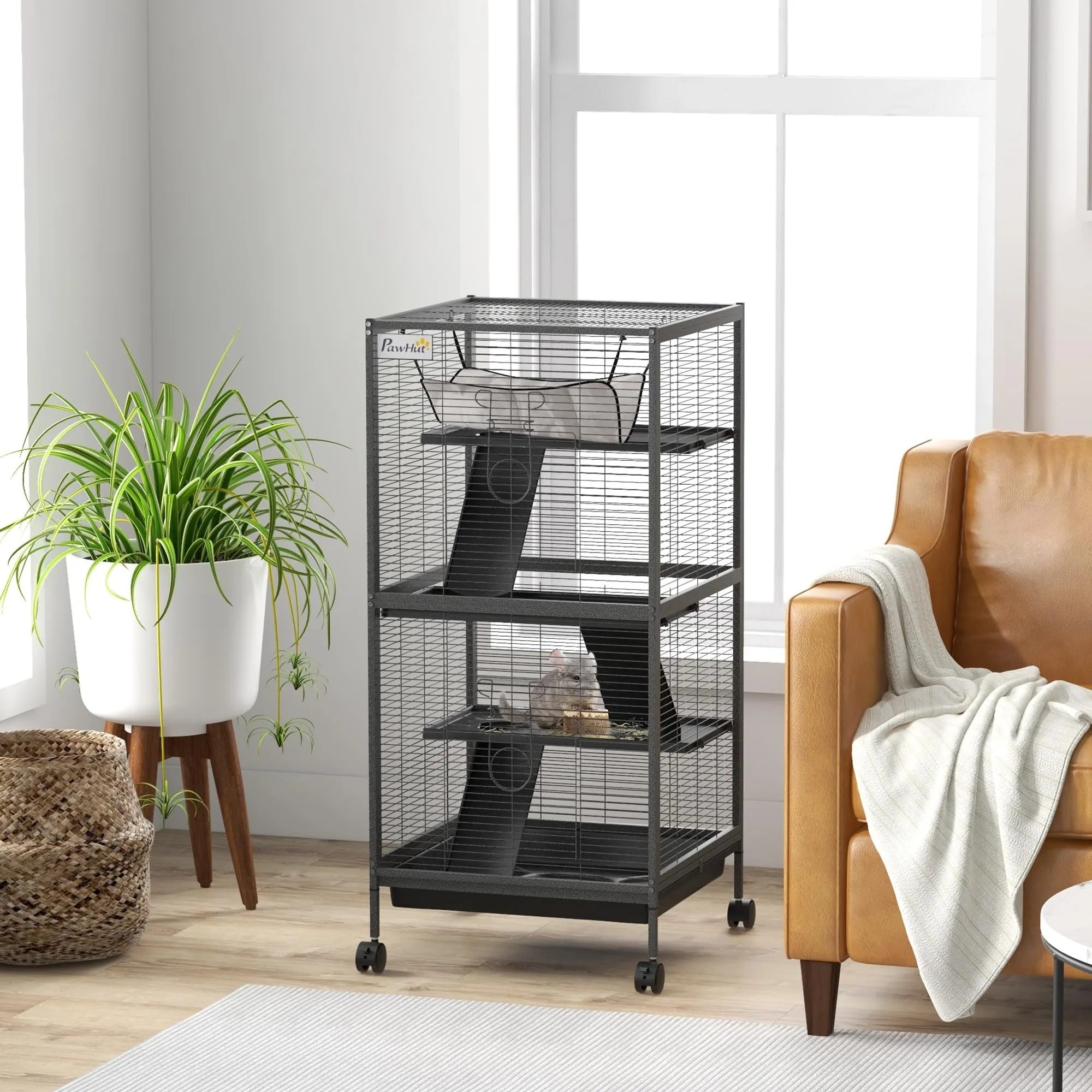 PawHut Gabbia per Piccoli Roditori in Acciaio 52x52x113.5cm Grigio - immagine 2