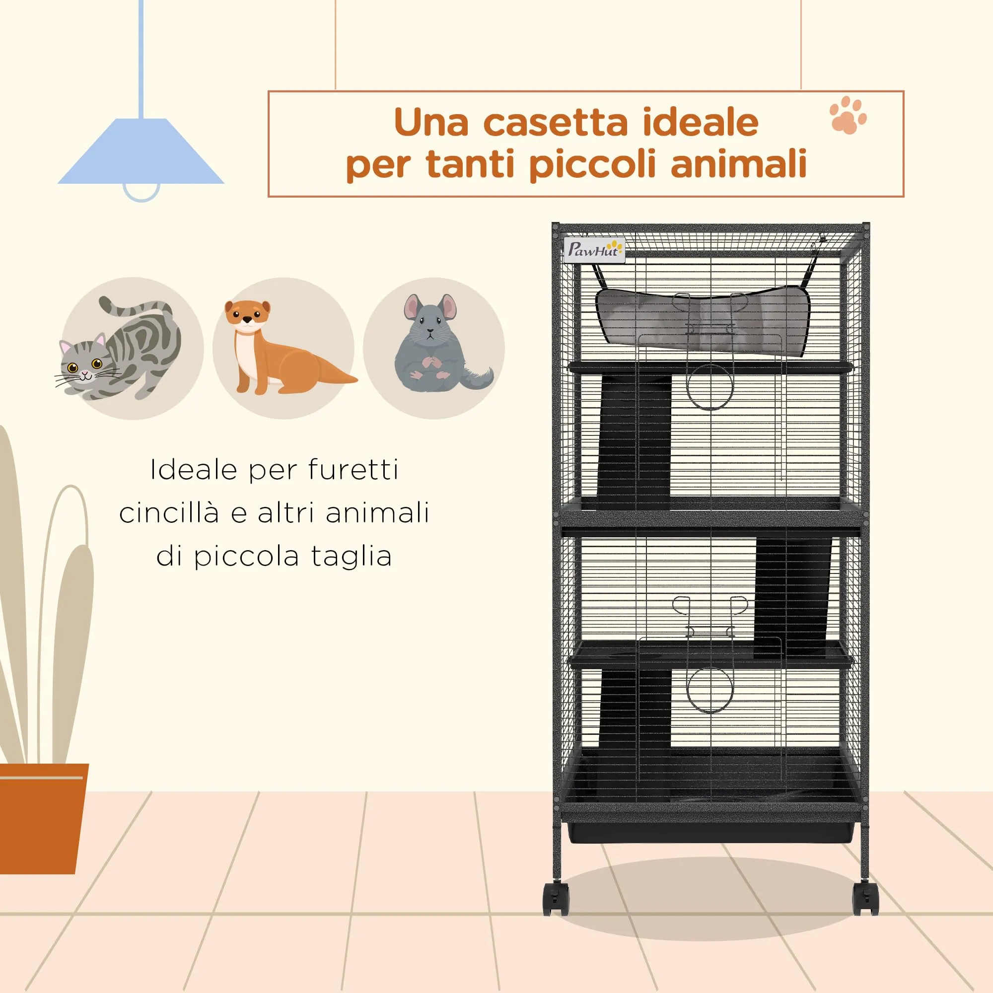 PawHut Gabbia per Piccoli Roditori in Acciaio 52x52x113.5cm Grigio - immagine 3