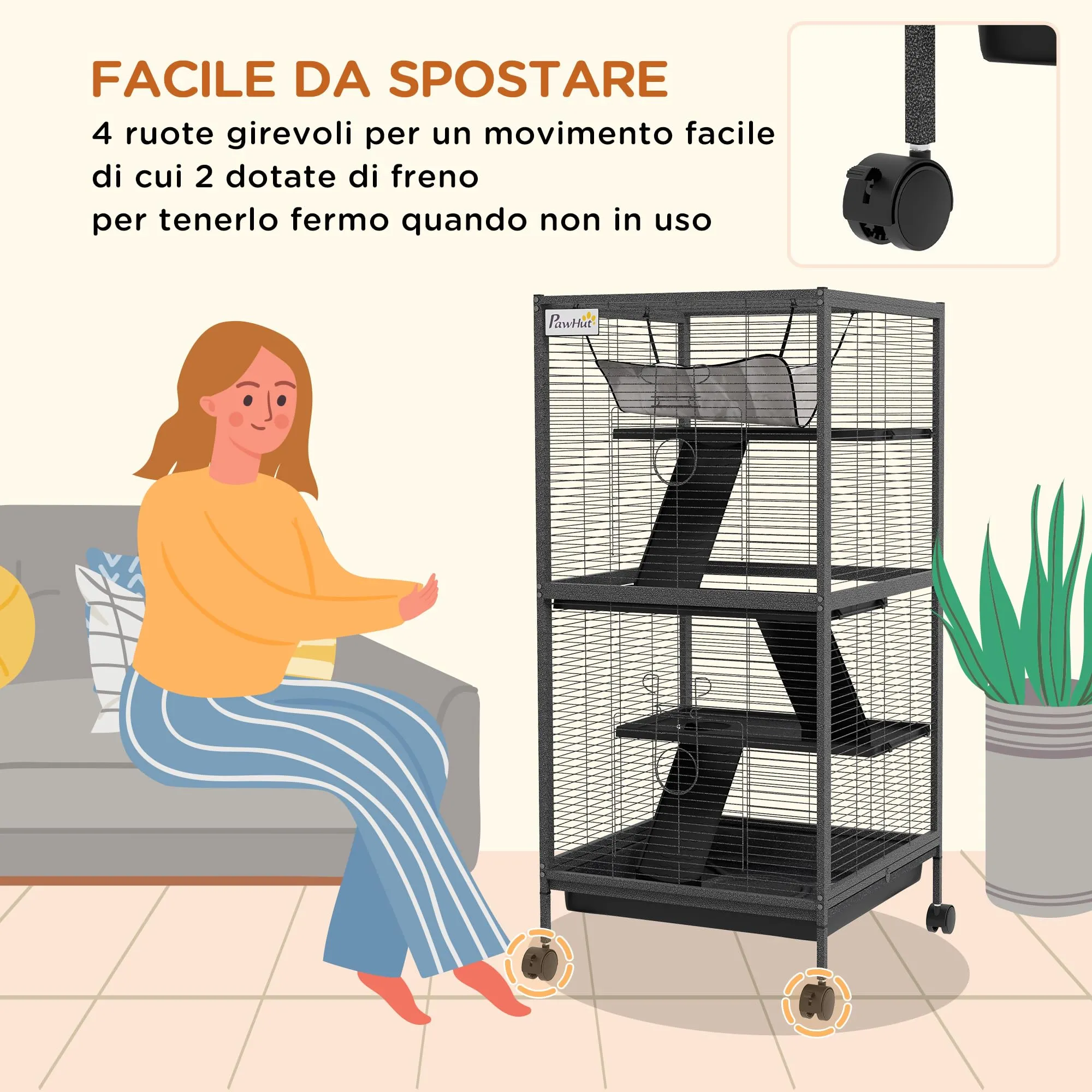 PawHut Gabbia per Piccoli Roditori in Acciaio 52x52x113.5cm Grigio - immagine 4