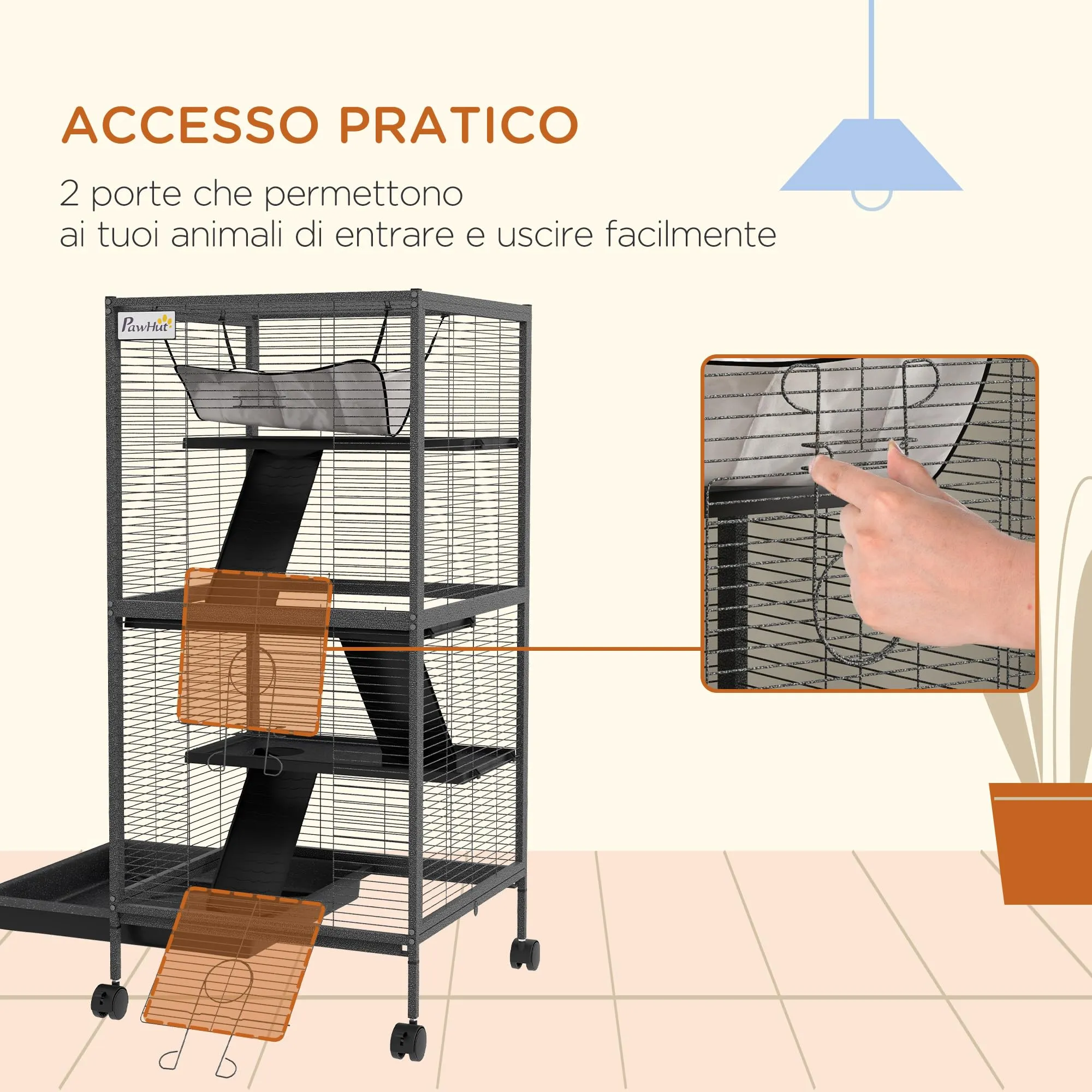 PawHut Gabbia per Piccoli Roditori in Acciaio 52x52x113.5cm Grigio - immagine 6