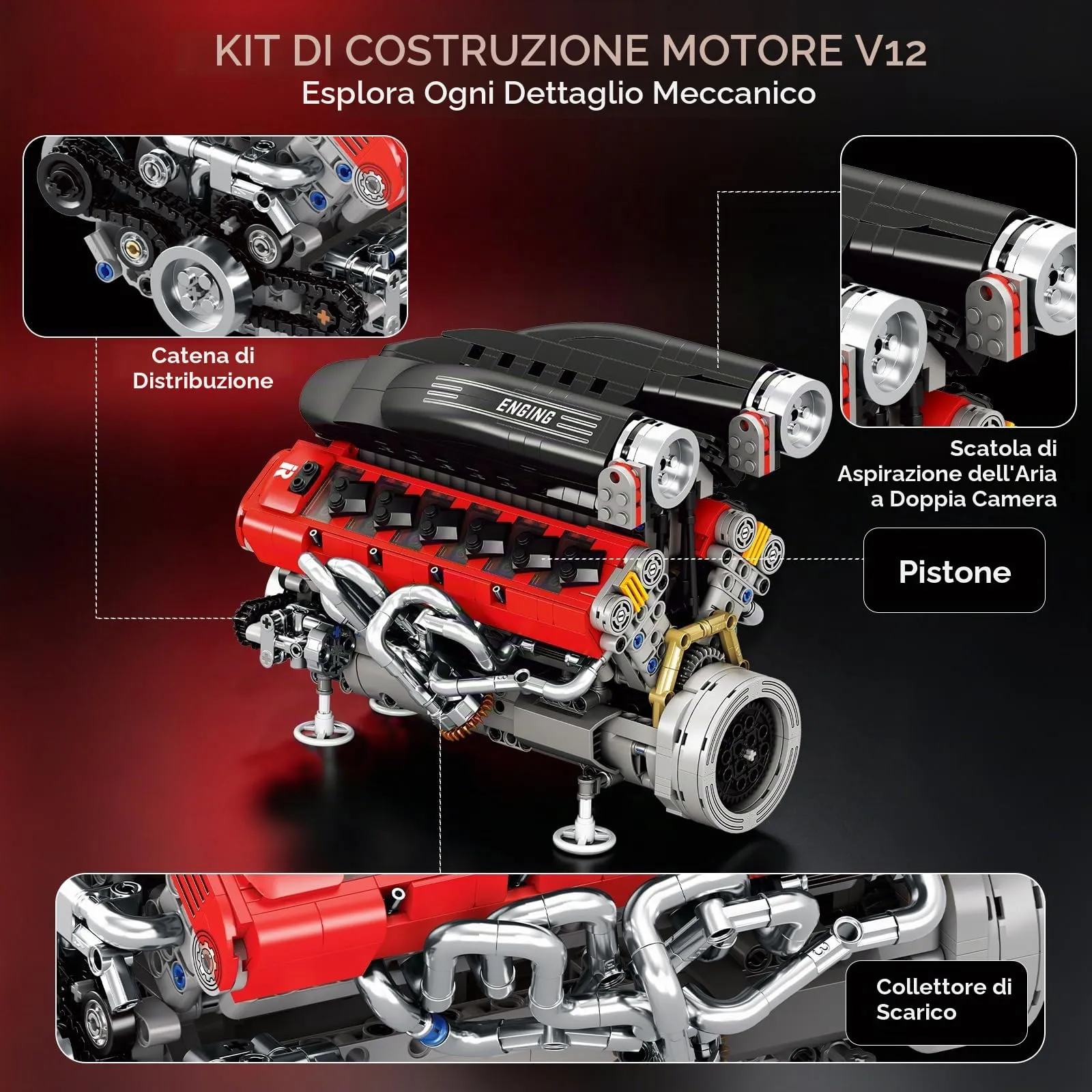 Reobrix Kit di Costruzione Motore V12, 33016 Modello di Motore per Supercar - immagine 5