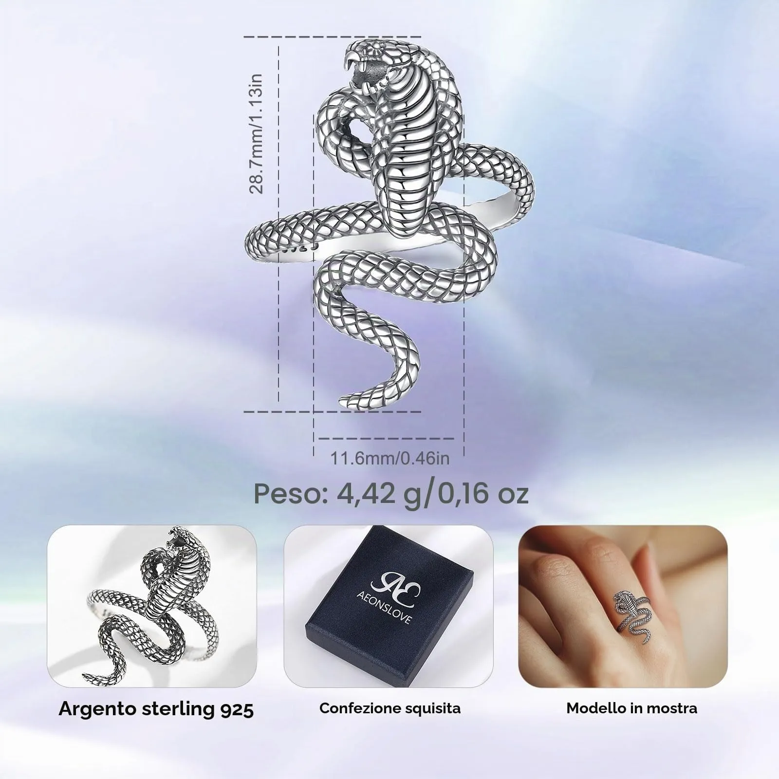 AEONSLOVE Anello Serpente Uomo Argento 925 Anelli Serpente Aperti Regolabili Anello Vintage Donna Regolabile Snake Ring - immagine 4