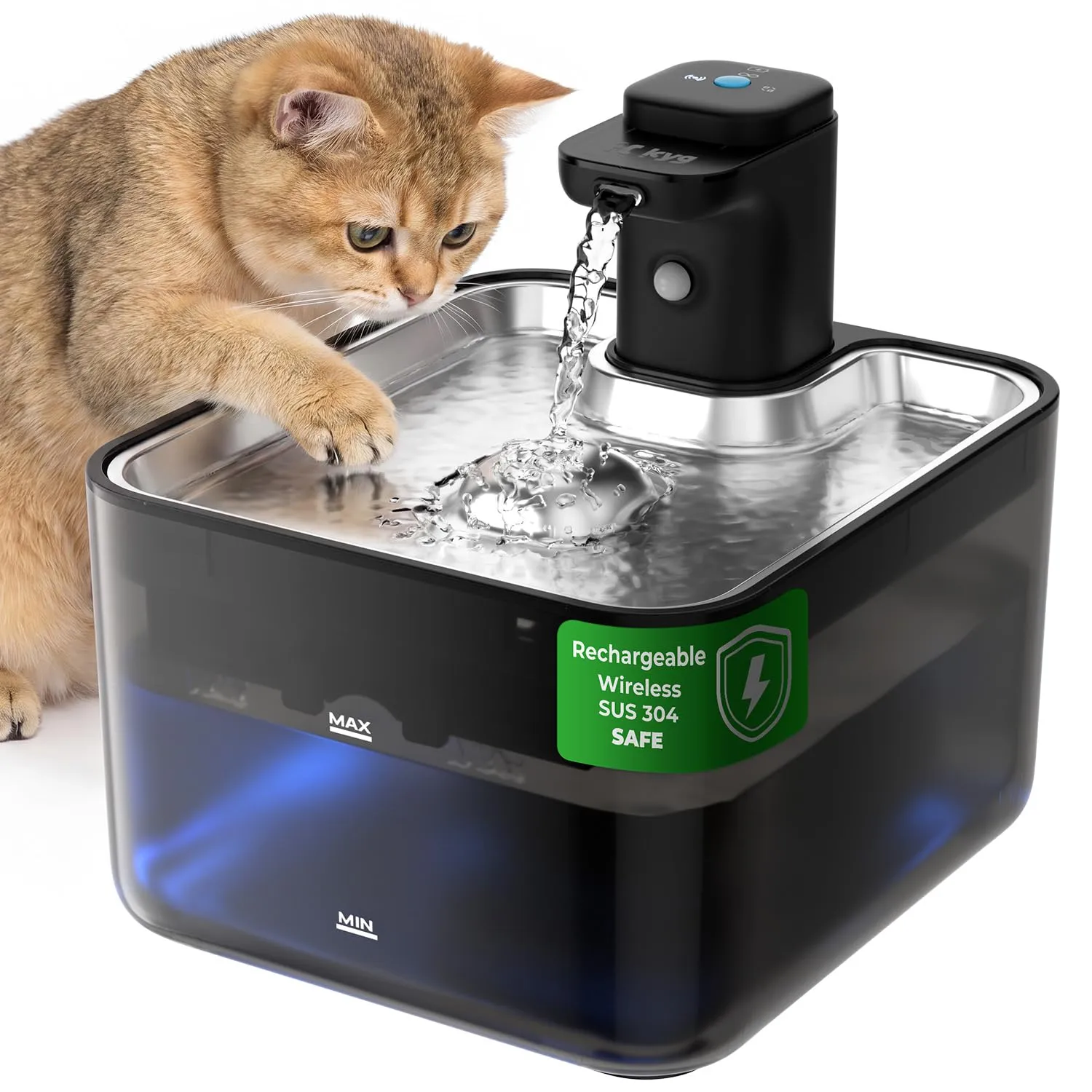 KYG Fontanella per Gatti Senza Fili, 3L Fontanella Gatto Automatica con Sensore di Movimento, Vassoio Acciaio Inox 304, Fontana per Gatti Silenziosa, 4000mAh(Modulo Alimentazione Removibile), Nero - immagine 1