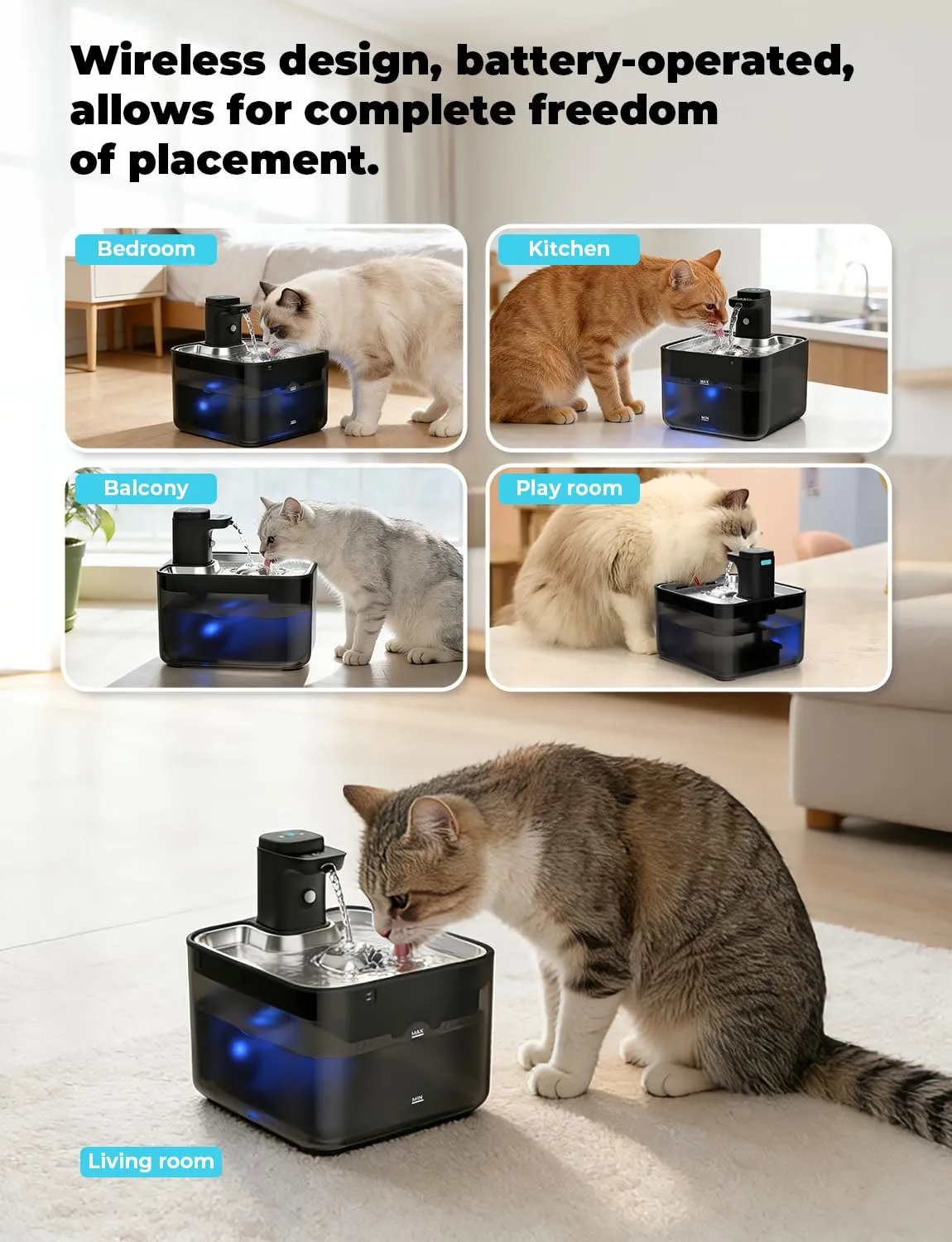 KYG Fontanella per Gatti Senza Fili, 3L Fontanella Gatto Automatica con Sensore di Movimento, Vassoio Acciaio Inox 304, Fontana per Gatti Silenziosa, 4000mAh(Modulo Alimentazione Removibile), Nero - immagine 2
