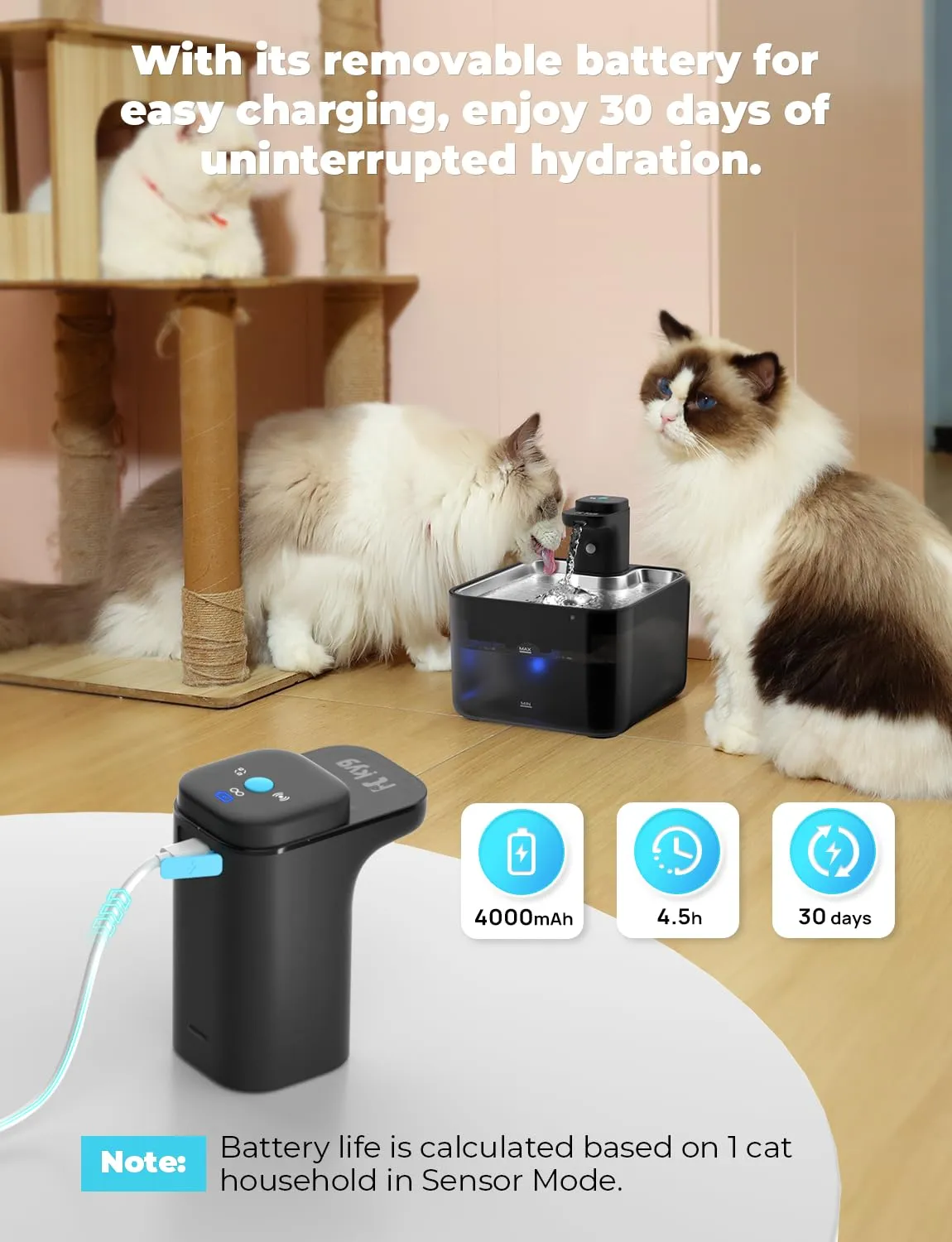 KYG Fontanella per Gatti Senza Fili, 3L Fontanella Gatto Automatica con Sensore di Movimento, Vassoio Acciaio Inox 304, Fontana per Gatti Silenziosa, 4000mAh(Modulo Alimentazione Removibile), Nero - immagine 3