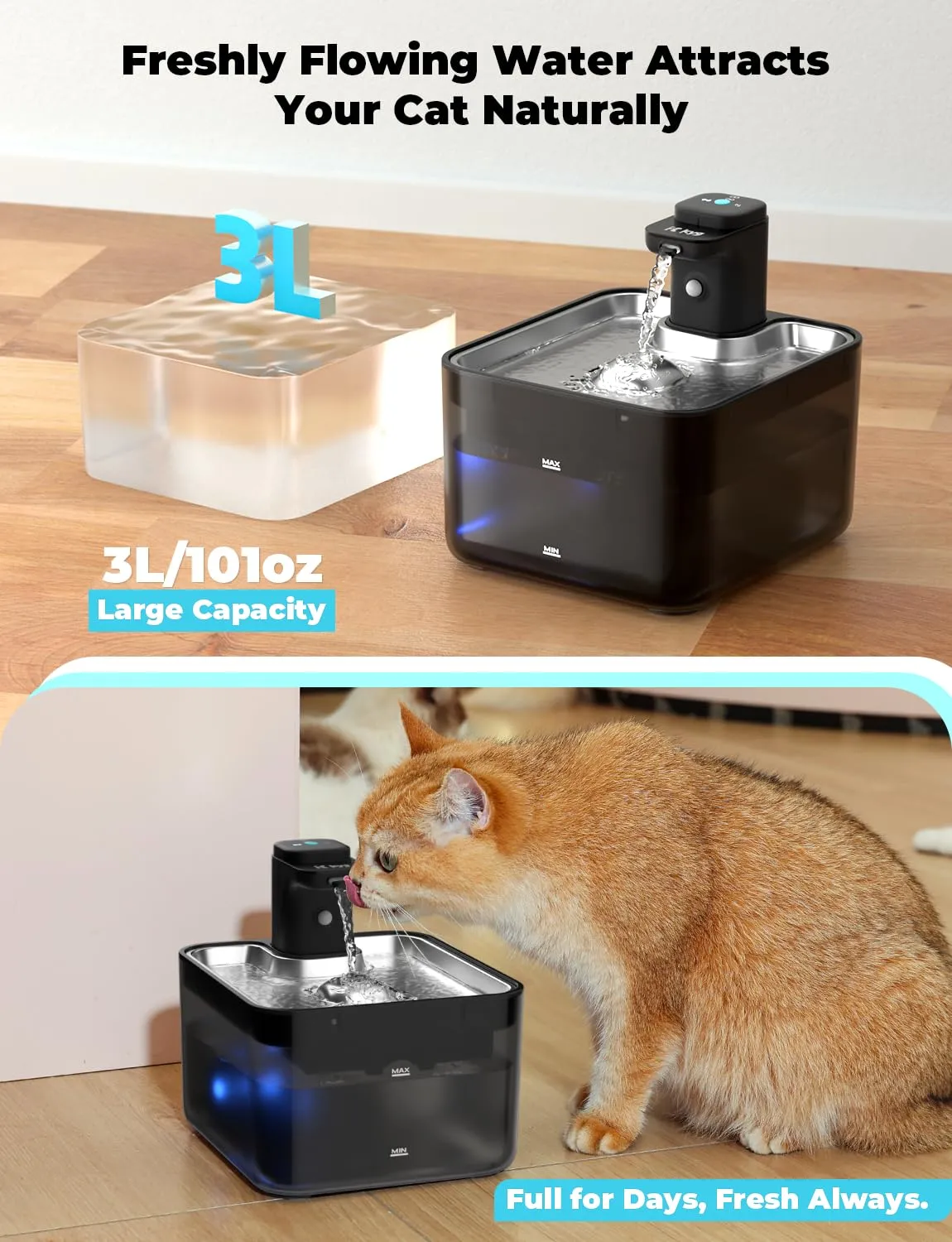 KYG Fontanella per Gatti Senza Fili, 3L Fontanella Gatto Automatica con Sensore di Movimento, Vassoio Acciaio Inox 304, Fontana per Gatti Silenziosa, 4000mAh(Modulo Alimentazione Removibile), Nero - immagine 4