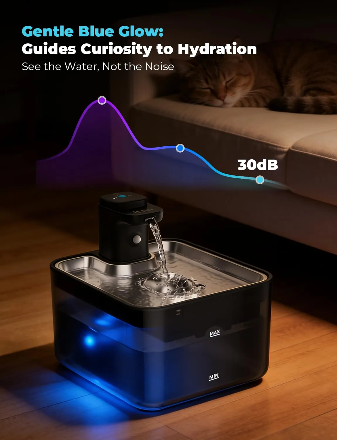 KYG Fontanella per Gatti Senza Fili, 3L Fontanella Gatto Automatica con Sensore di Movimento, Vassoio Acciaio Inox 304, Fontana per Gatti Silenziosa, 4000mAh(Modulo Alimentazione Removibile), Nero - immagine 7