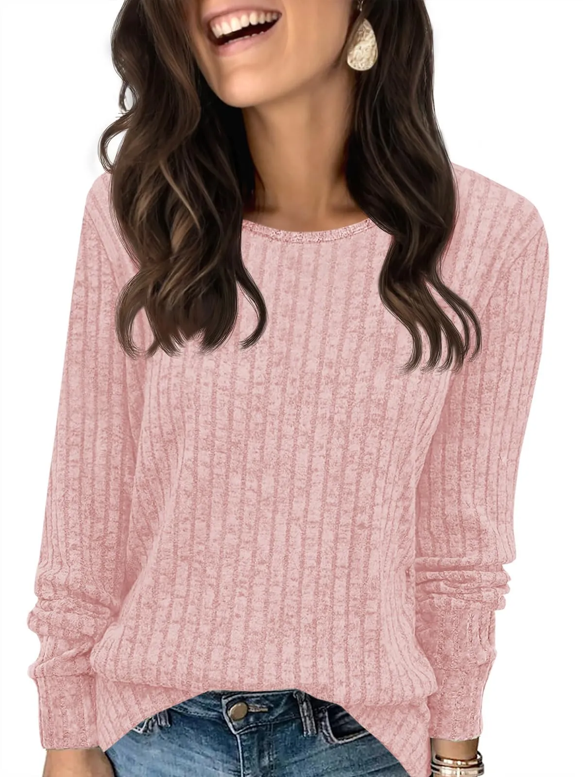 Fisoew Maglione da Donna, a Maniche Lunghe, Leggero, Girocollo, Casual, a Maglia, Colore: Rosa., XL - immagine 1
