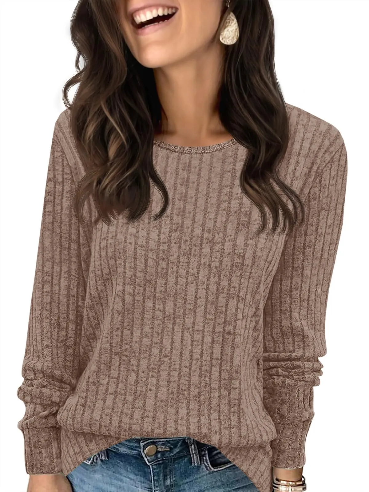 Fisoew Maglione da Donna, a Maniche Lunghe, Leggero, Girocollo, Casual, a Maglia, Cachi, XL - immagine 1