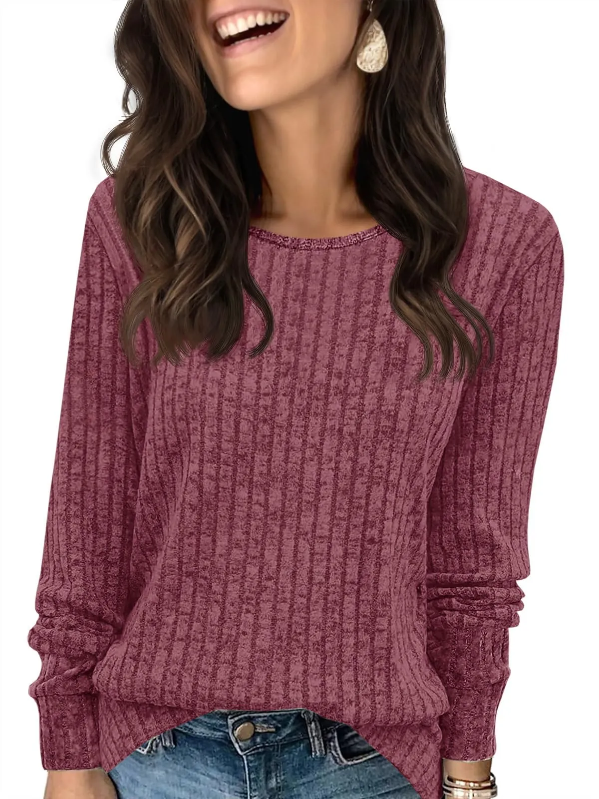 Fisoew Maglione da Donna, a Maniche Lunghe, Leggero, Girocollo, Casual, a Maglia, Rosso Vivo, L - immagine 1