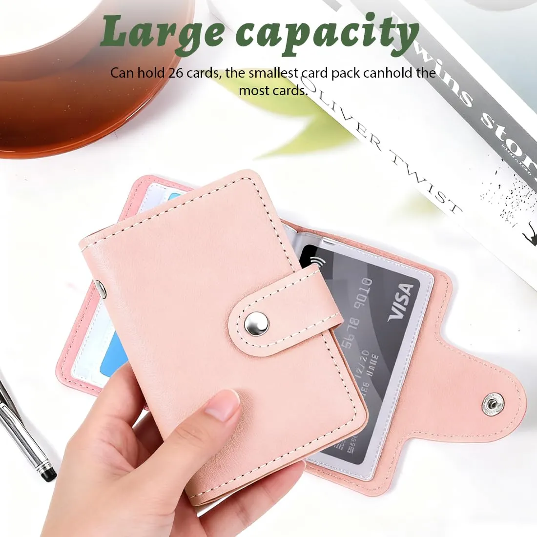 JEYORZY Porta Carte di Credito Pelle, Porta Carte di Credito Uomo e Donna con 26 Custodie Protettive Trasparente per Carte, per Documenti D'identità, Carte di Credito, Patente di Guida (Rosa) - immagine 4