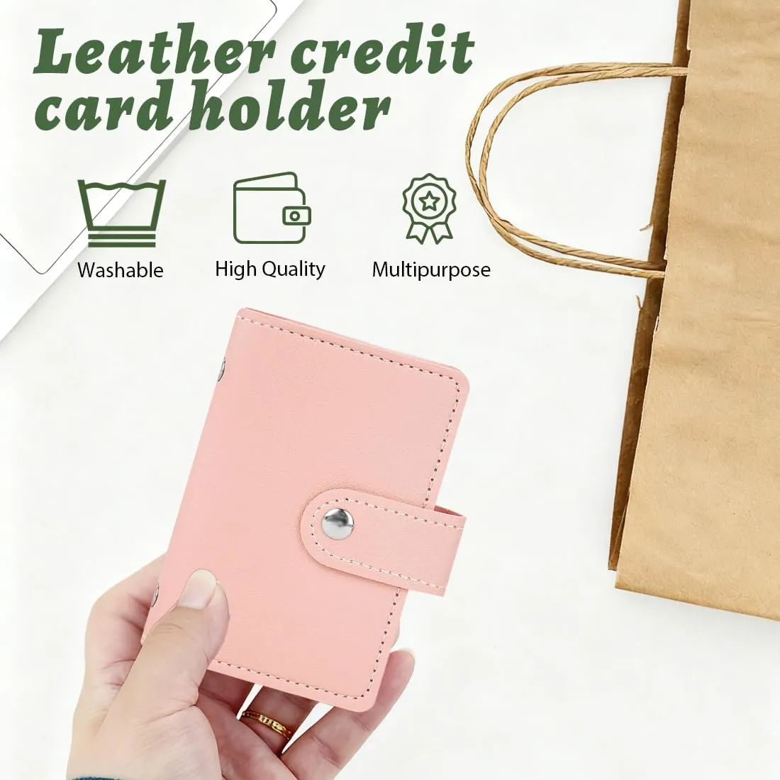 JEYORZY Porta Carte di Credito Pelle, Porta Carte di Credito Uomo e Donna con 26 Custodie Protettive Trasparente per Carte, per Documenti D'identità, Carte di Credito, Patente di Guida (Rosa) - immagine 5