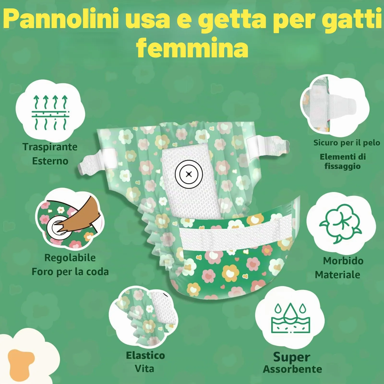 MICOOYO Pannolini usa e getta per gatti femminili super assorbenti per cuccioli di gatto e cane, pannolini igienici per donne in calore e incontinenza (Fiori verdi,M, 24) - immagine 2
