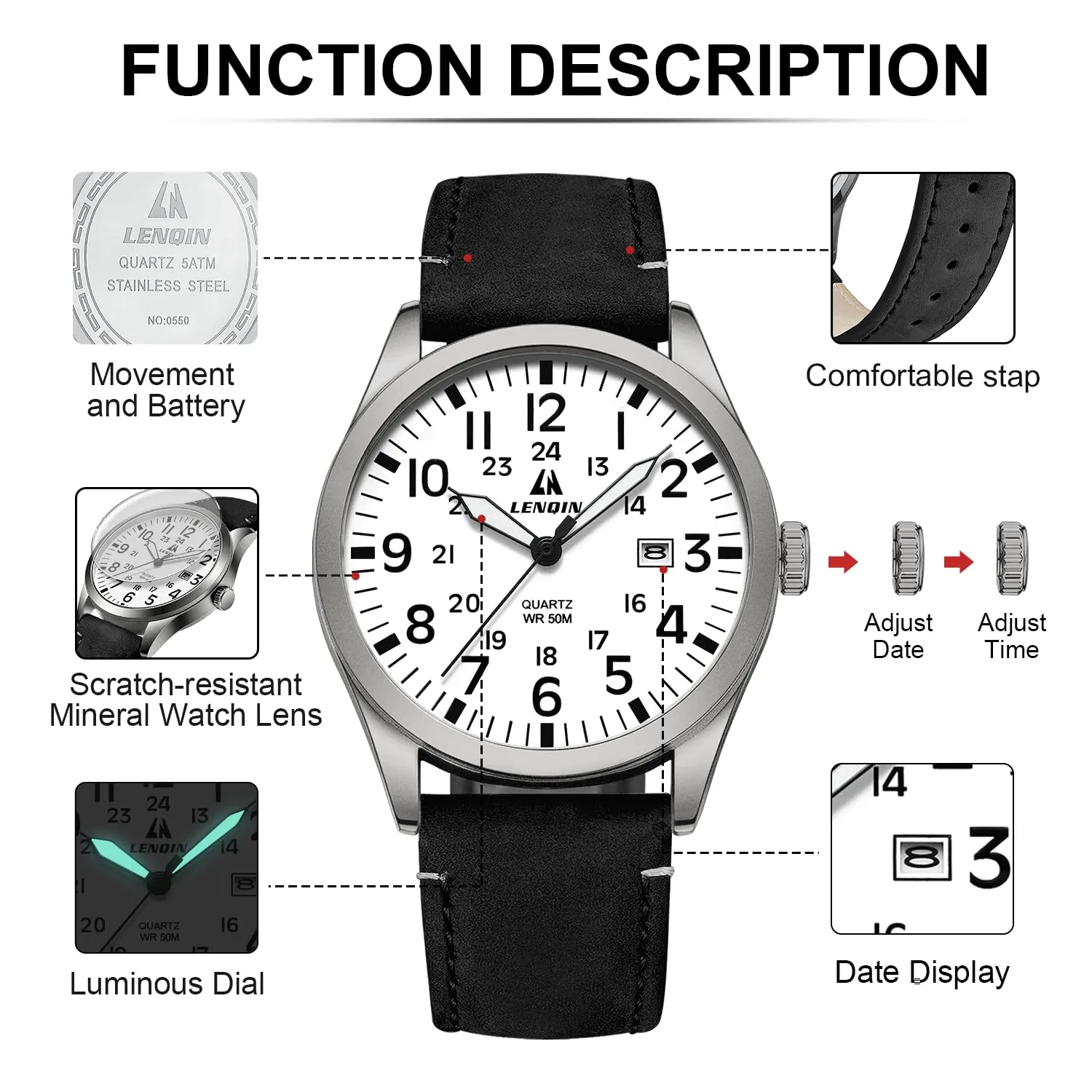 LN LENQIN Orologio Uomo Militare Analogico Quarzo Nylon Datario 3ATM - immagine 6
