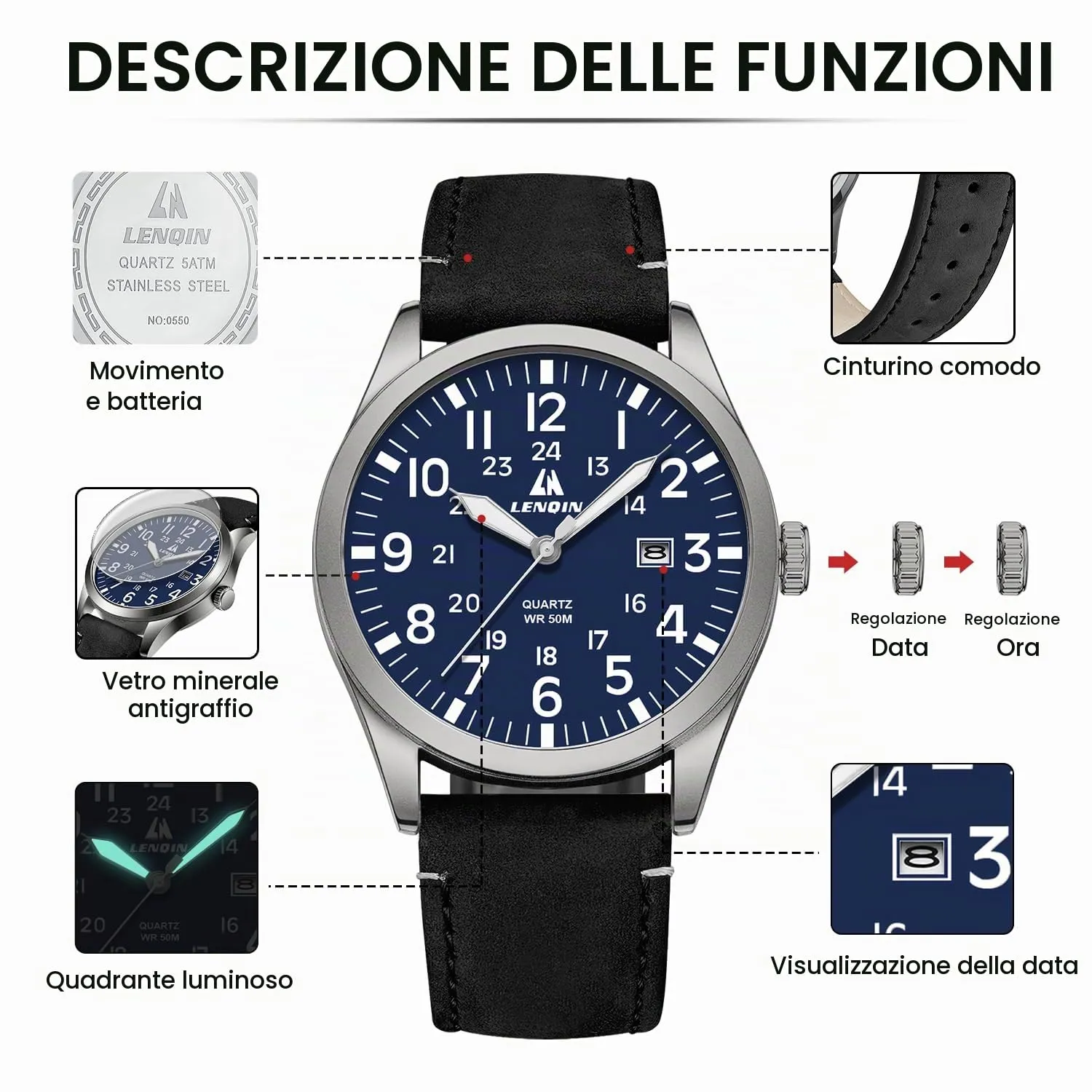 LN LENQIN Orologio Uomo Militare Analogico Quarzo Nylon Datario 3ATM - immagine 6