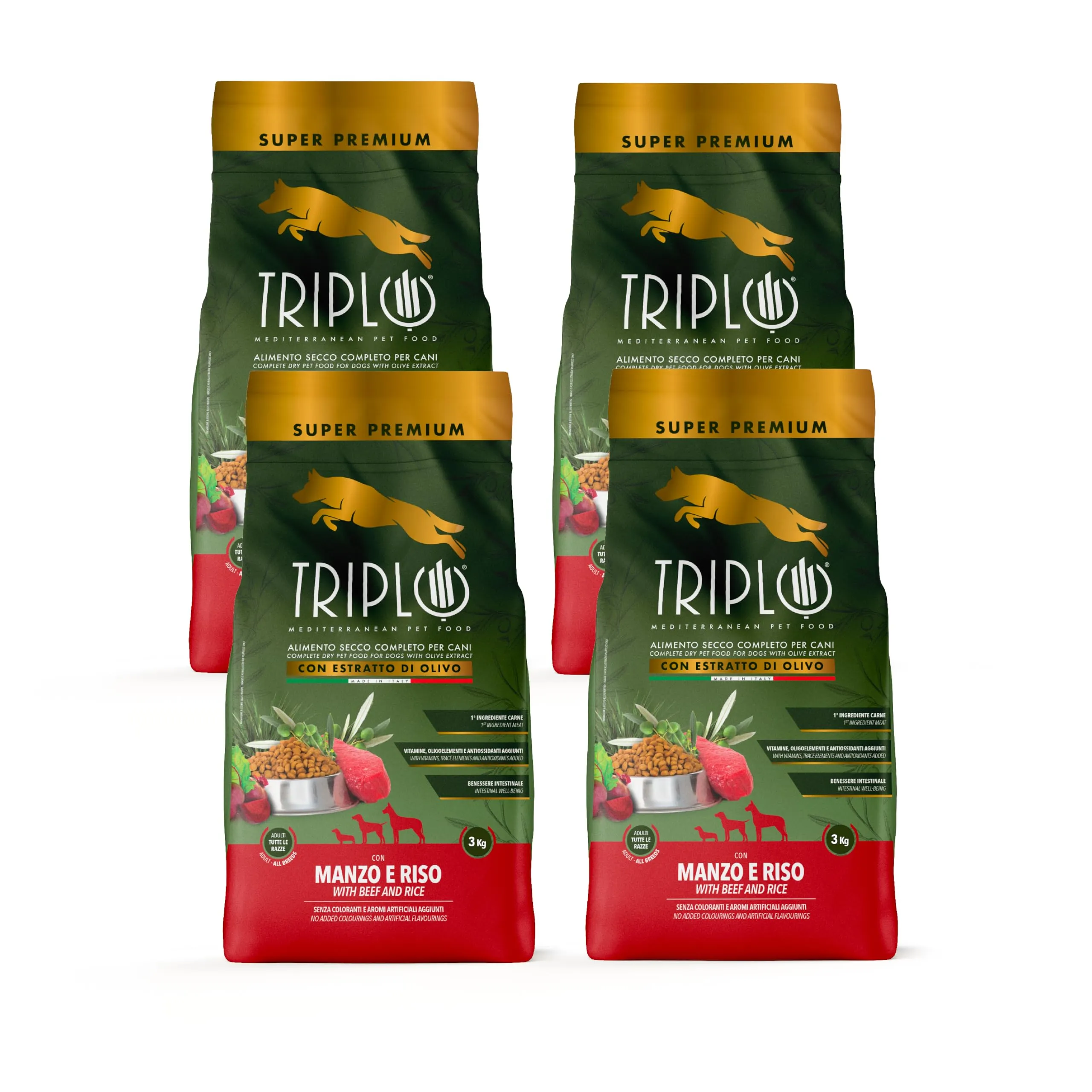 TerComposti - Triplo Pet Food Manzo e Riso 3kg x4, Ideale per Adulti di Tutte le Razze, Pelo Lucido e Folto, Crocchette Cani con Estratto di Olivo, Cibo per Cani Secco Nutriente e Bilanciato - immagine 1